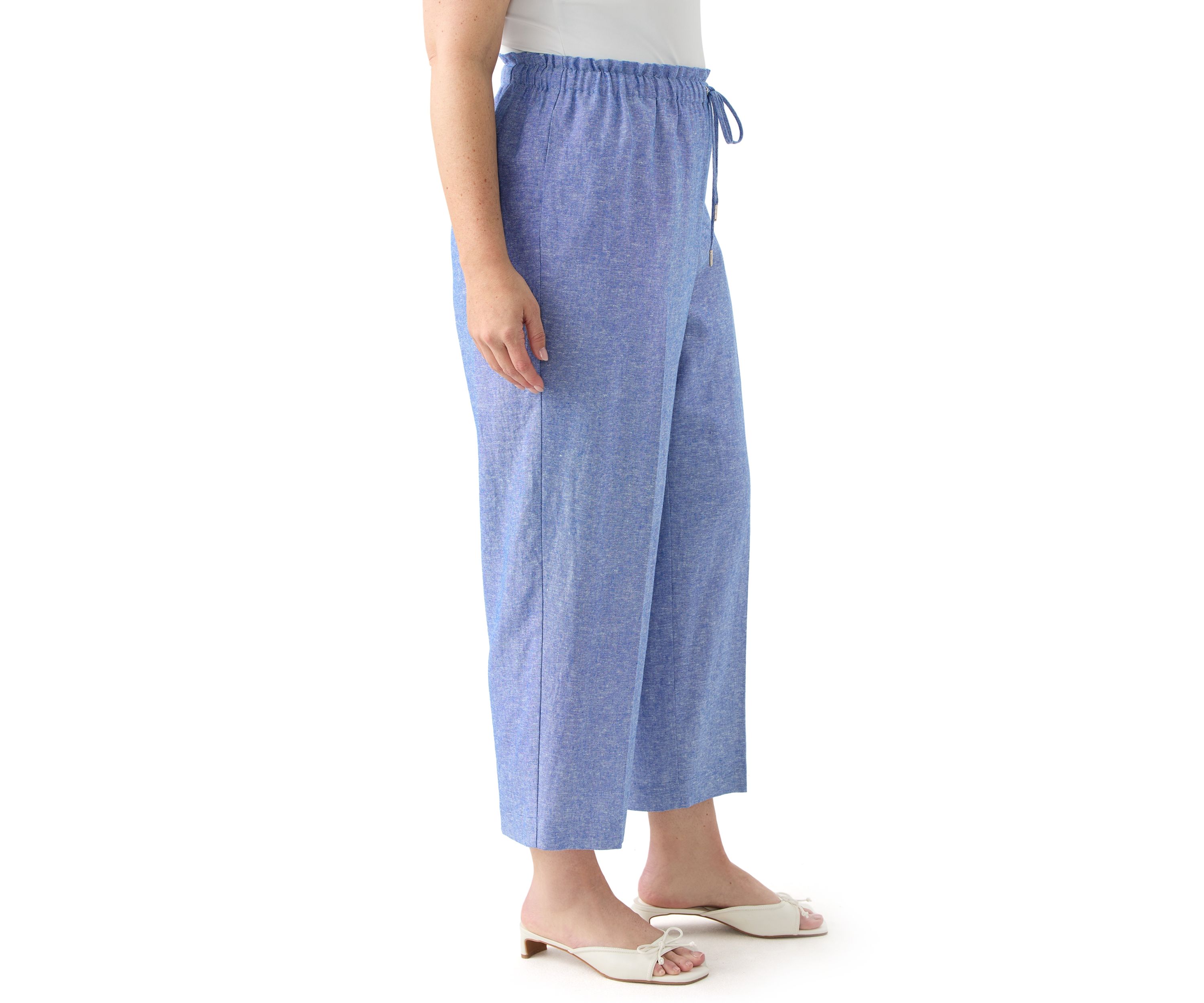 Plus Size Pull On Drawstring Wide Leg Linen Cropped Pants