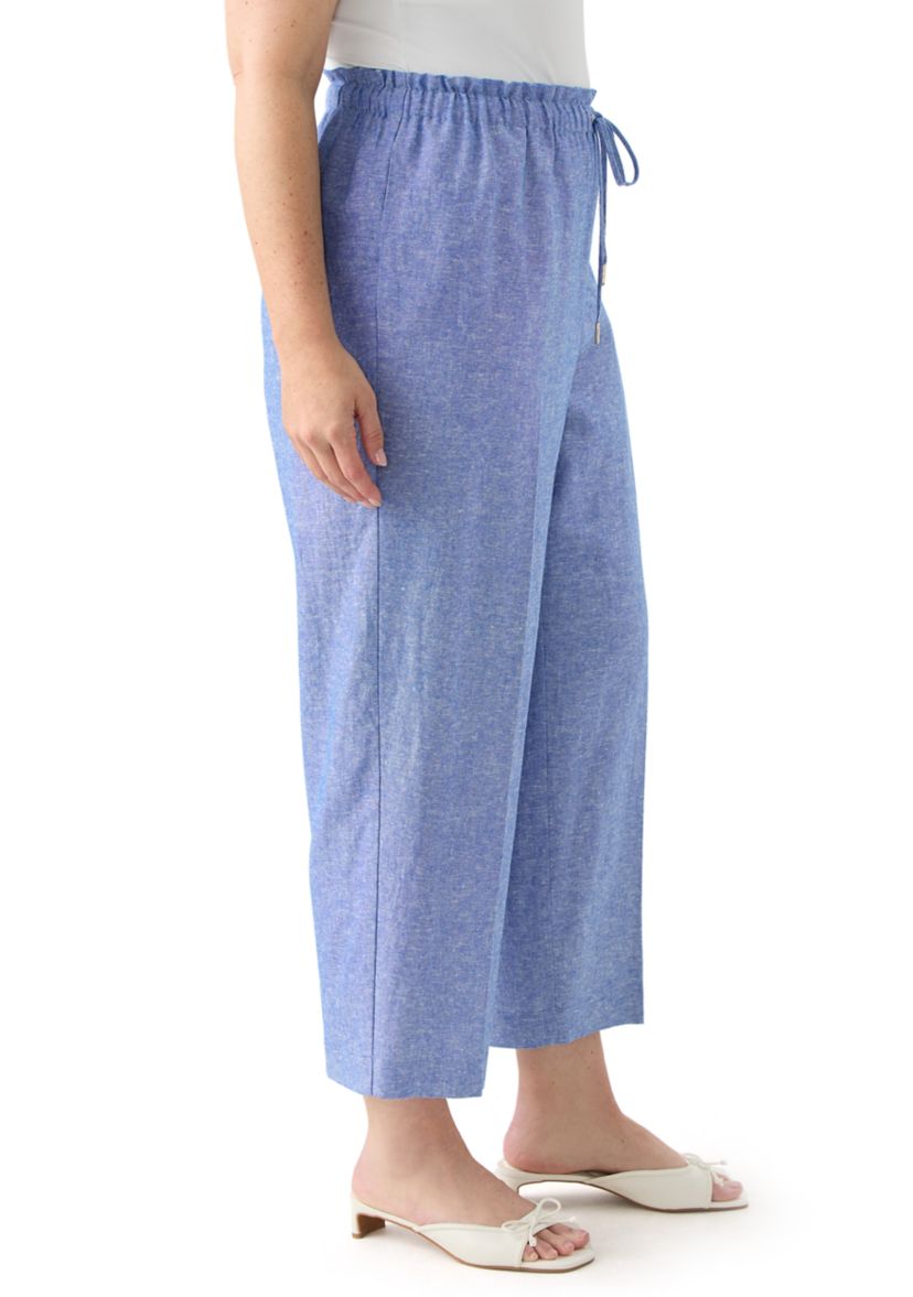 Plus Size Pull On Drawstring Wide Leg Linen Cropped Pants