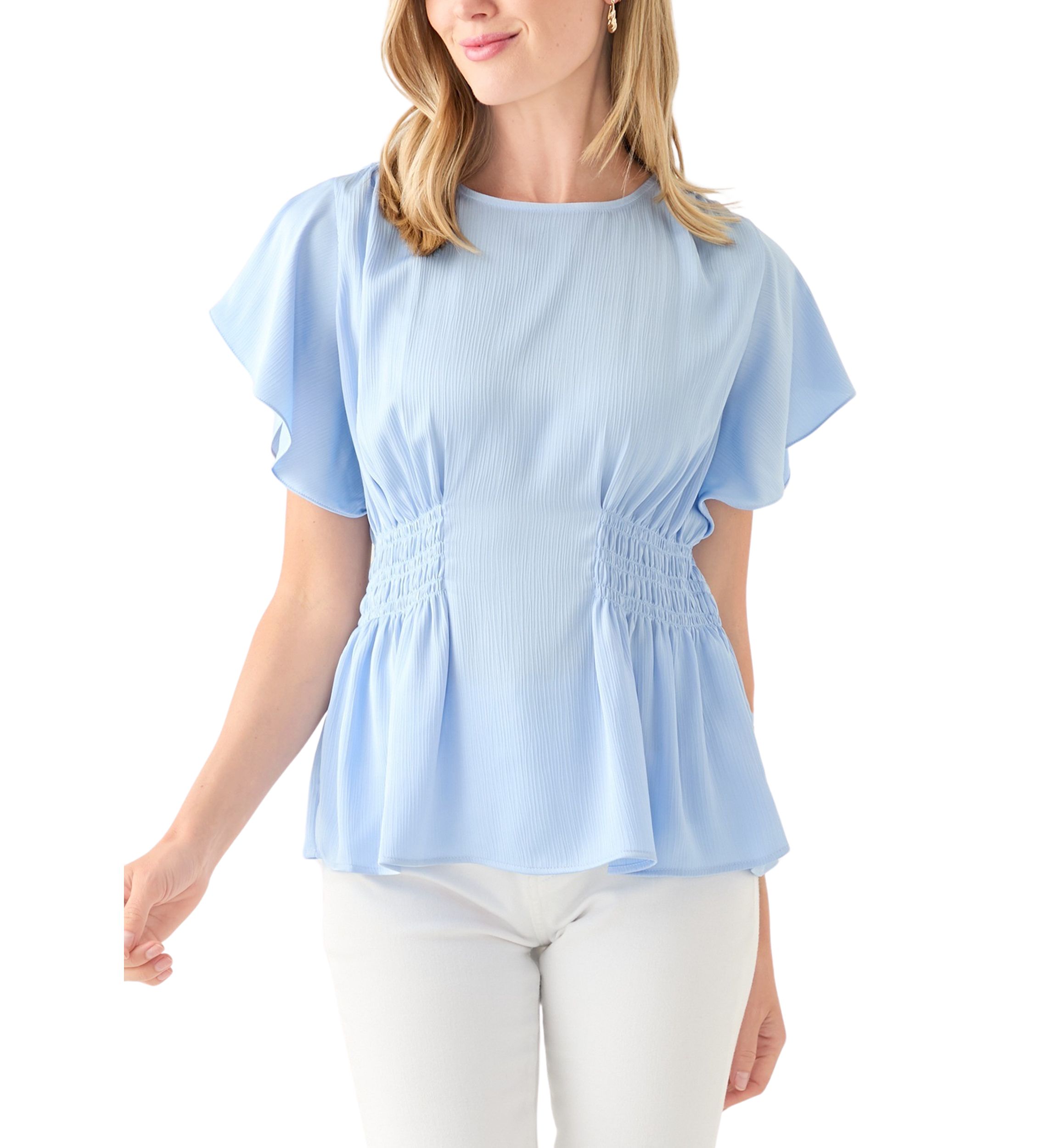 Womens Smocked Waist Flutter Sleeve Blouse