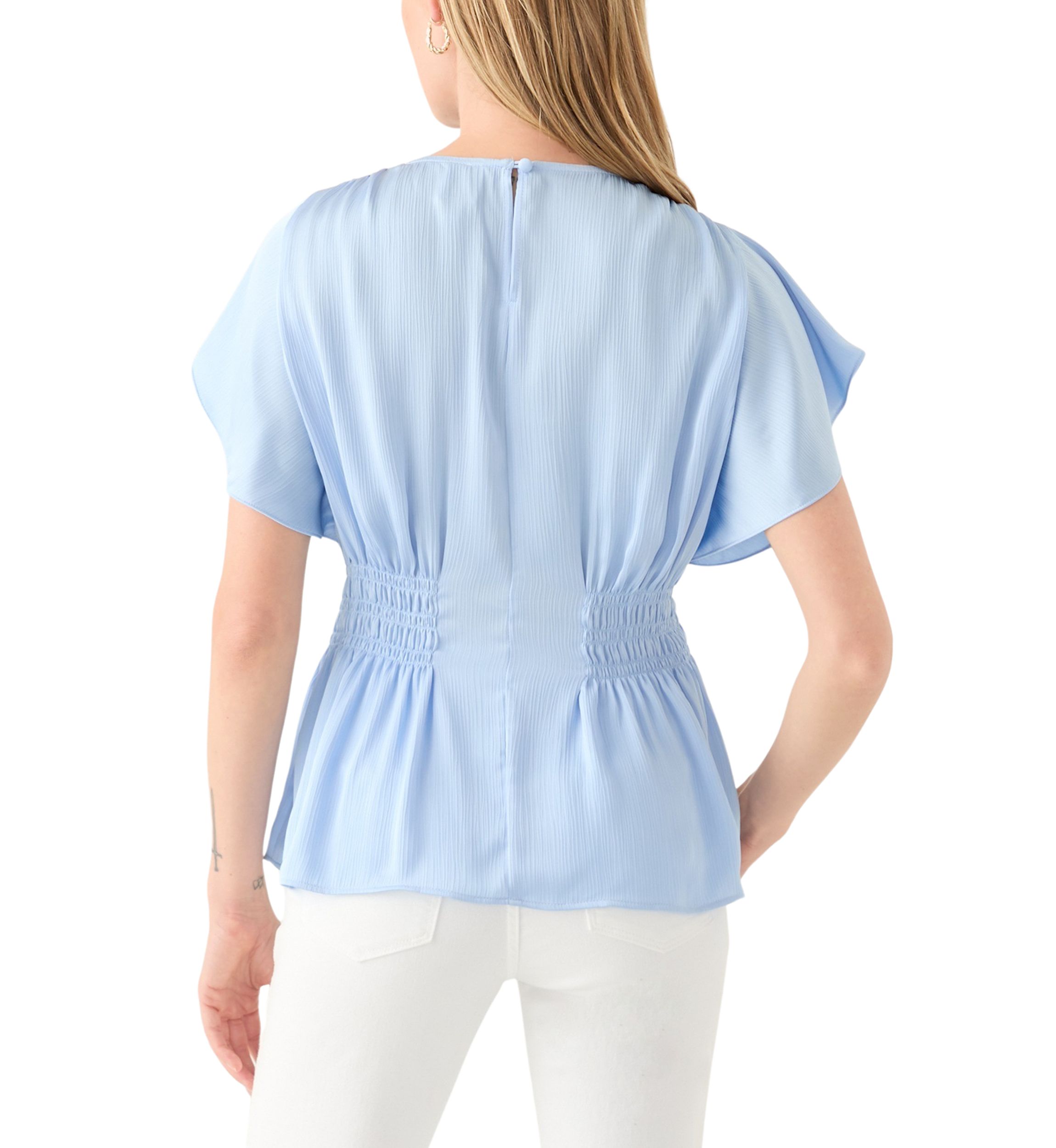 Womens Smocked Waist Flutter Sleeve Blouse