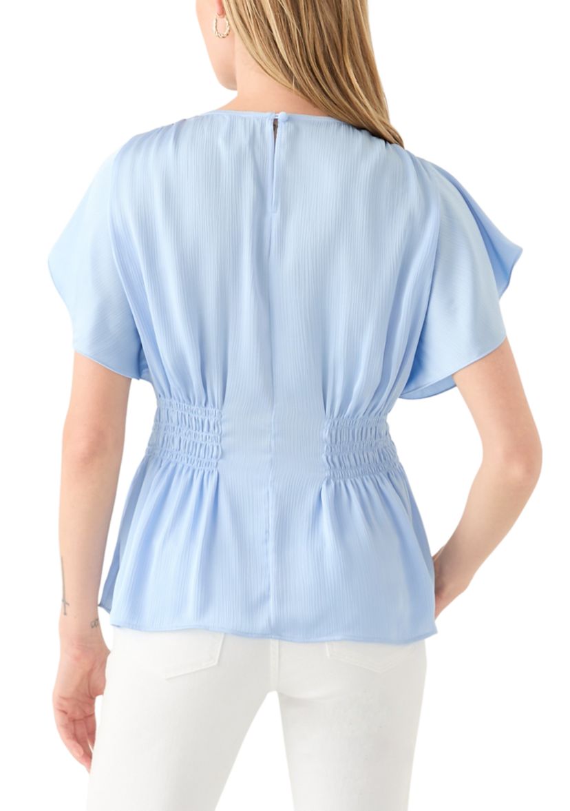 Womens Smocked Waist Flutter Sleeve Blouse