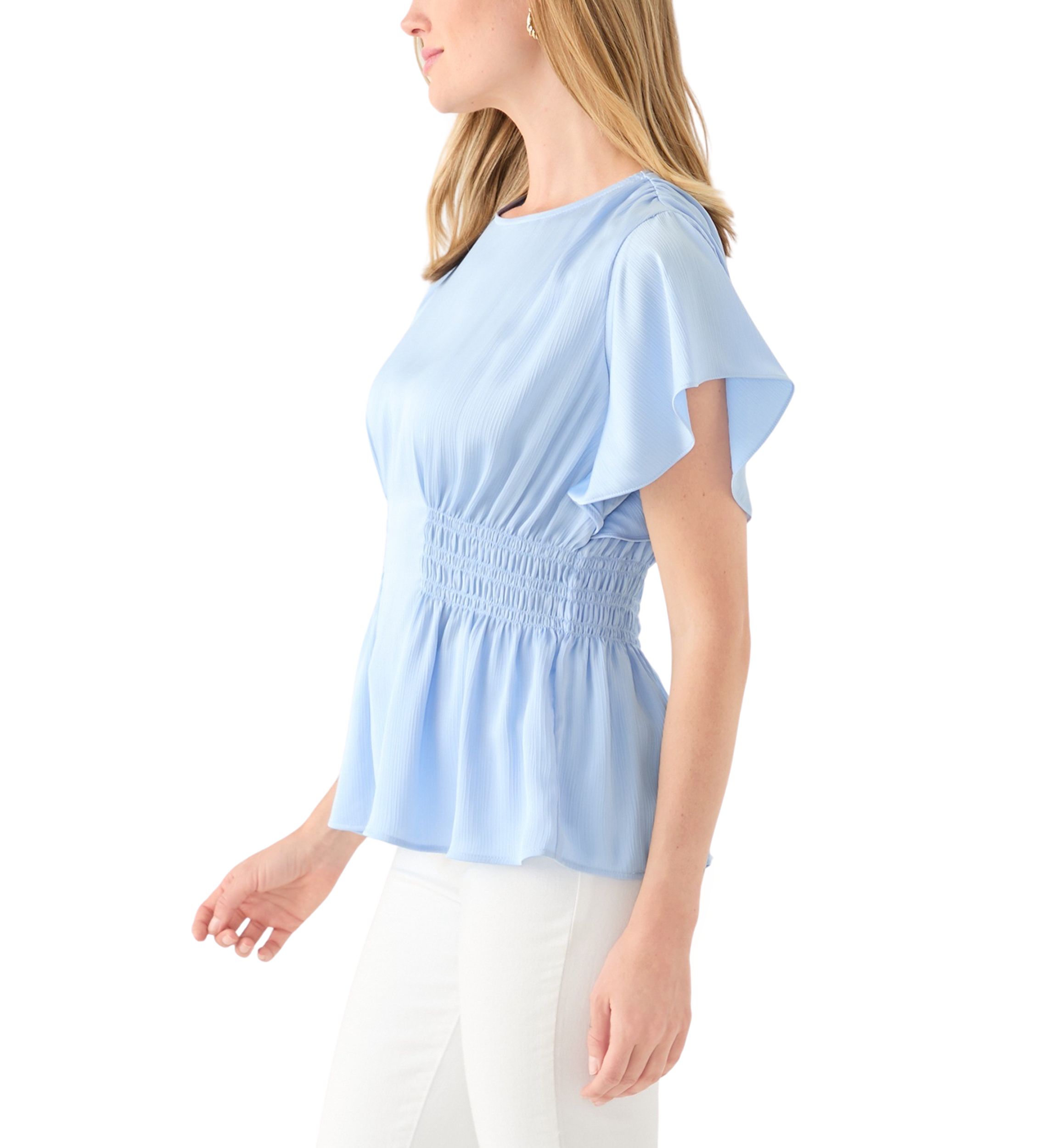 Womens Smocked Waist Flutter Sleeve Blouse