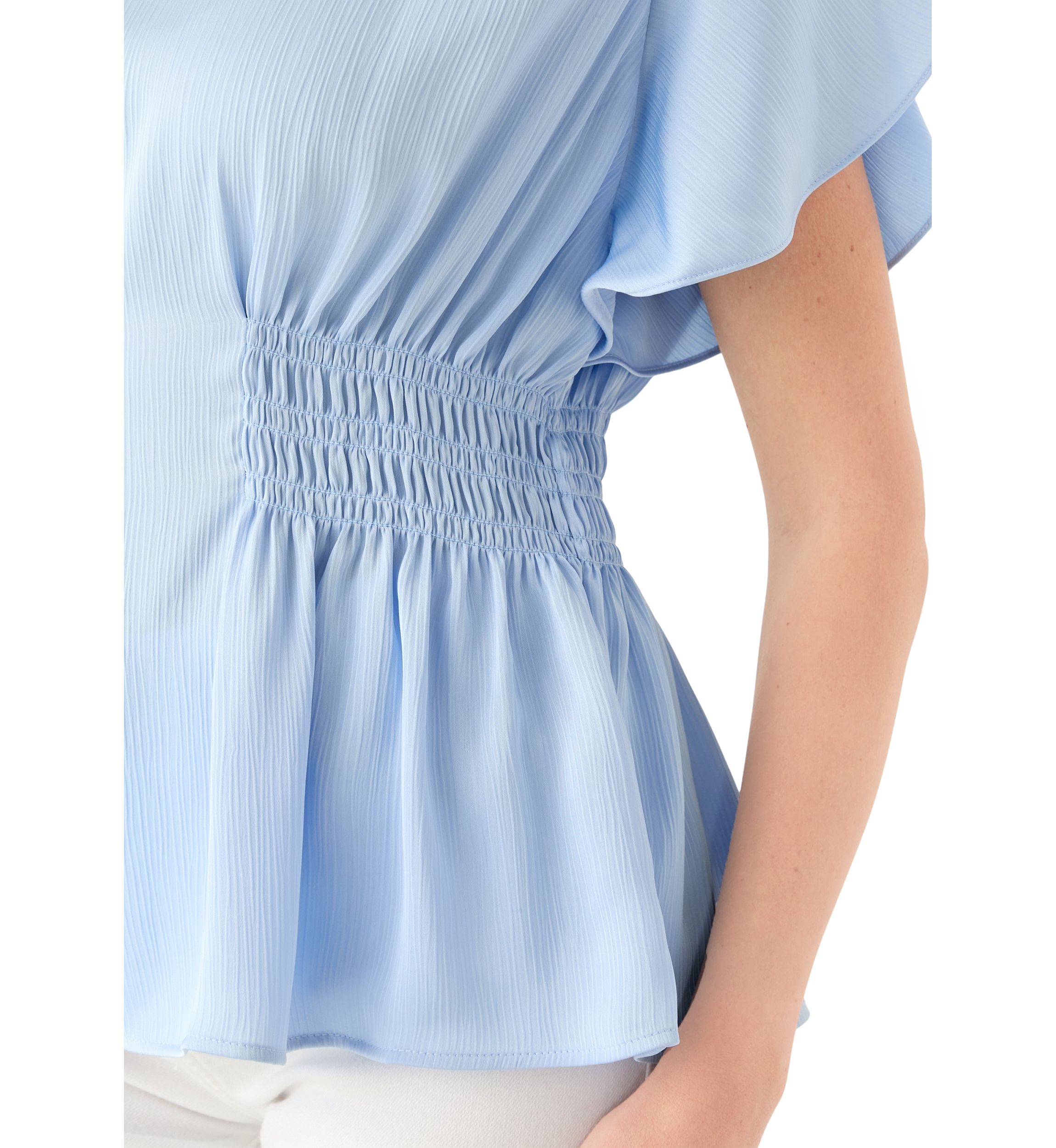 Womens Smocked Waist Flutter Sleeve Blouse