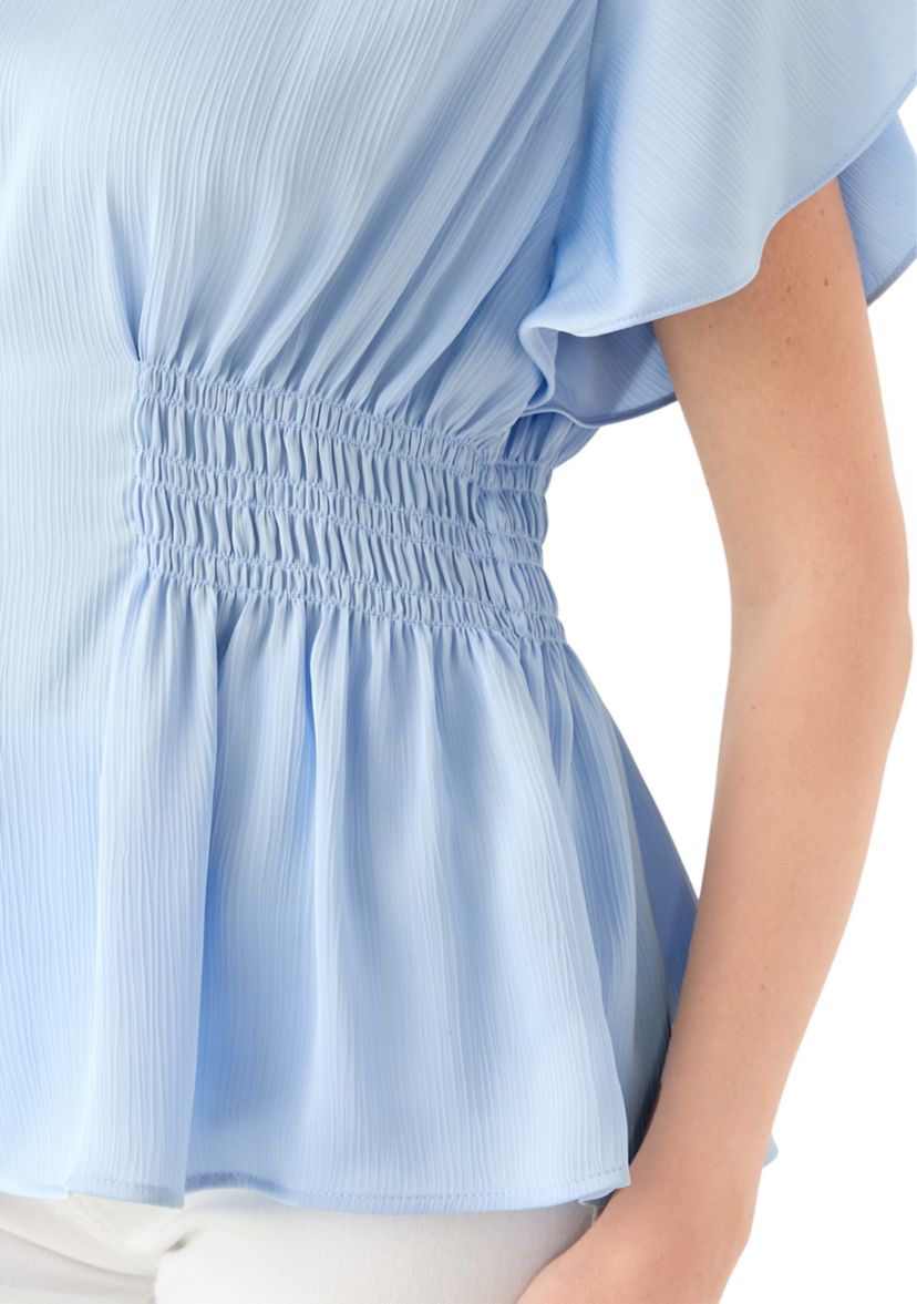 Womens Smocked Waist Flutter Sleeve Blouse