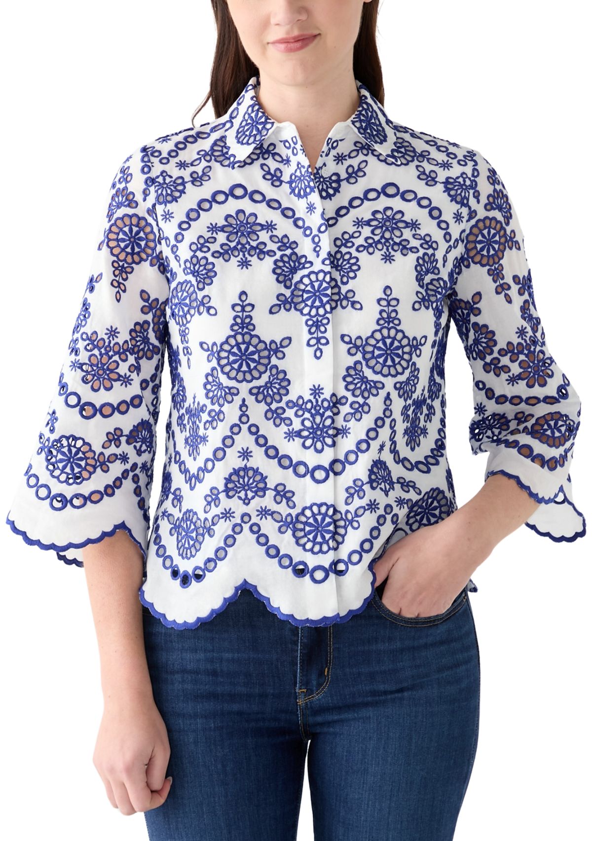 Womens Short Sleeve Eyelet Blouse