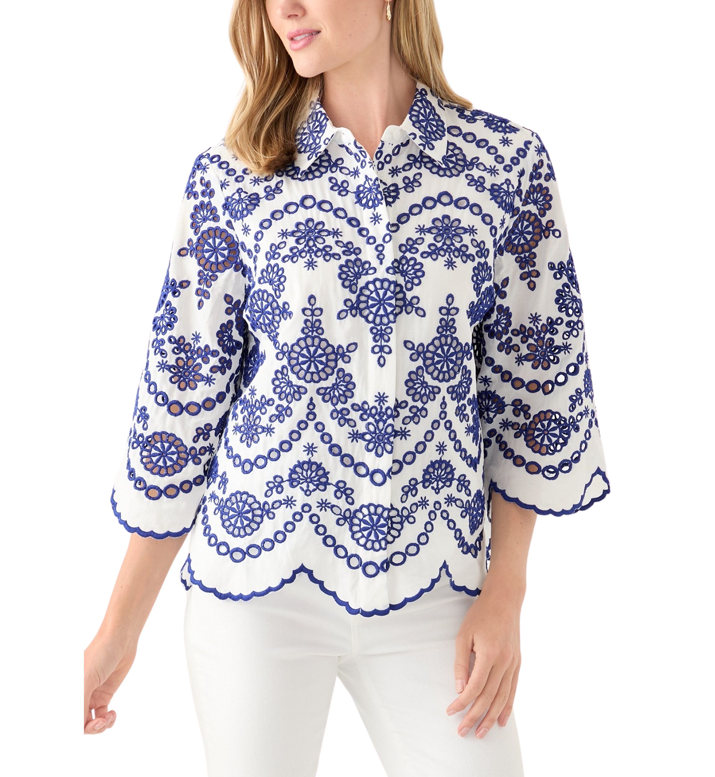Petite Eyelet Button Down Shirt 
