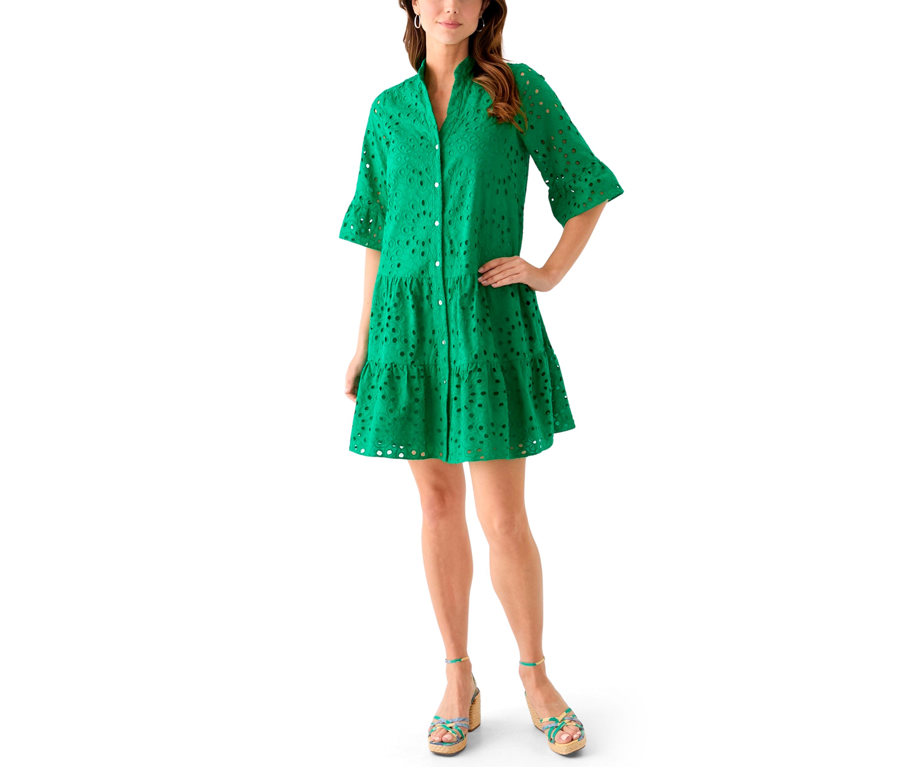 Womens Elbow Sleeve Eyelet Mini Dress