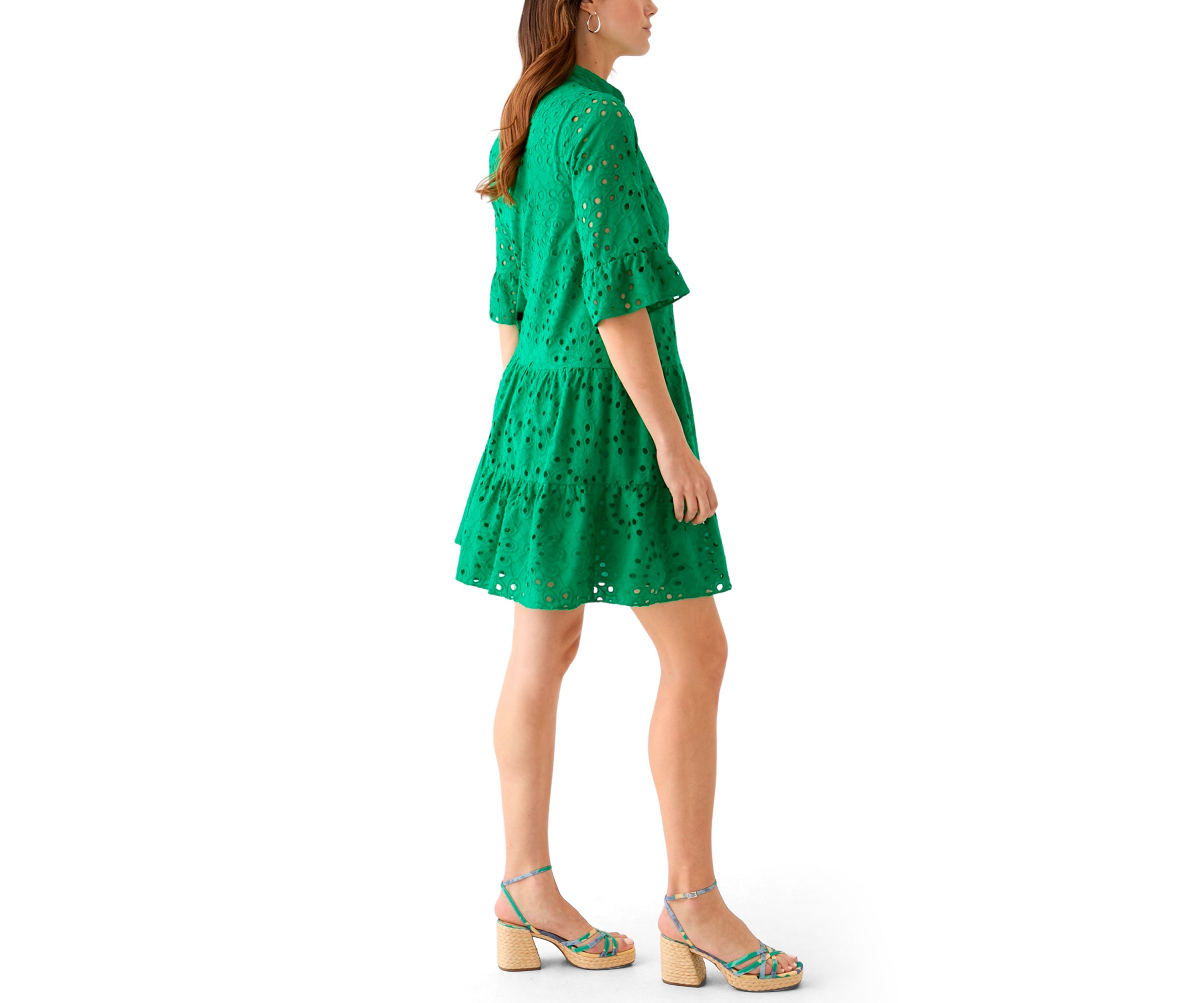 Womens Elbow Sleeve Eyelet Mini Dress