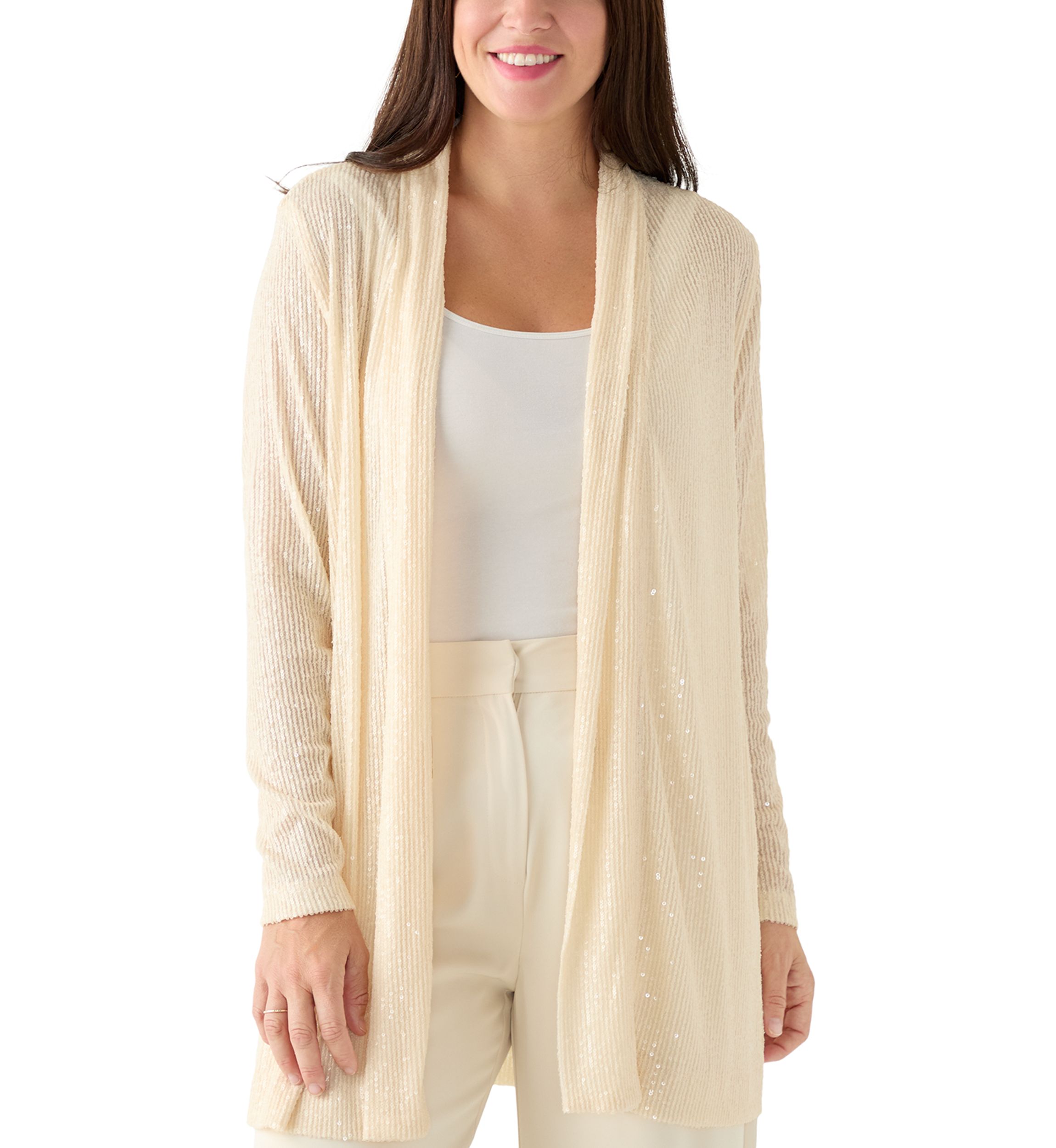 Womens Drape Front Sequin Cardigan 
