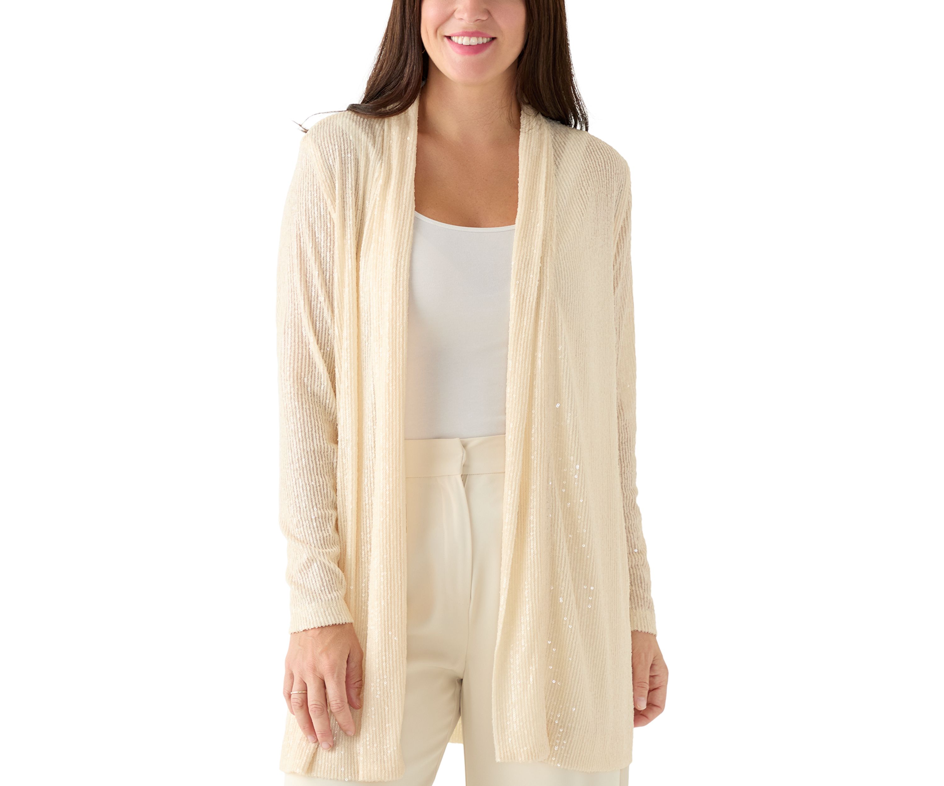 Womens Drape Front Sequin Cardigan 