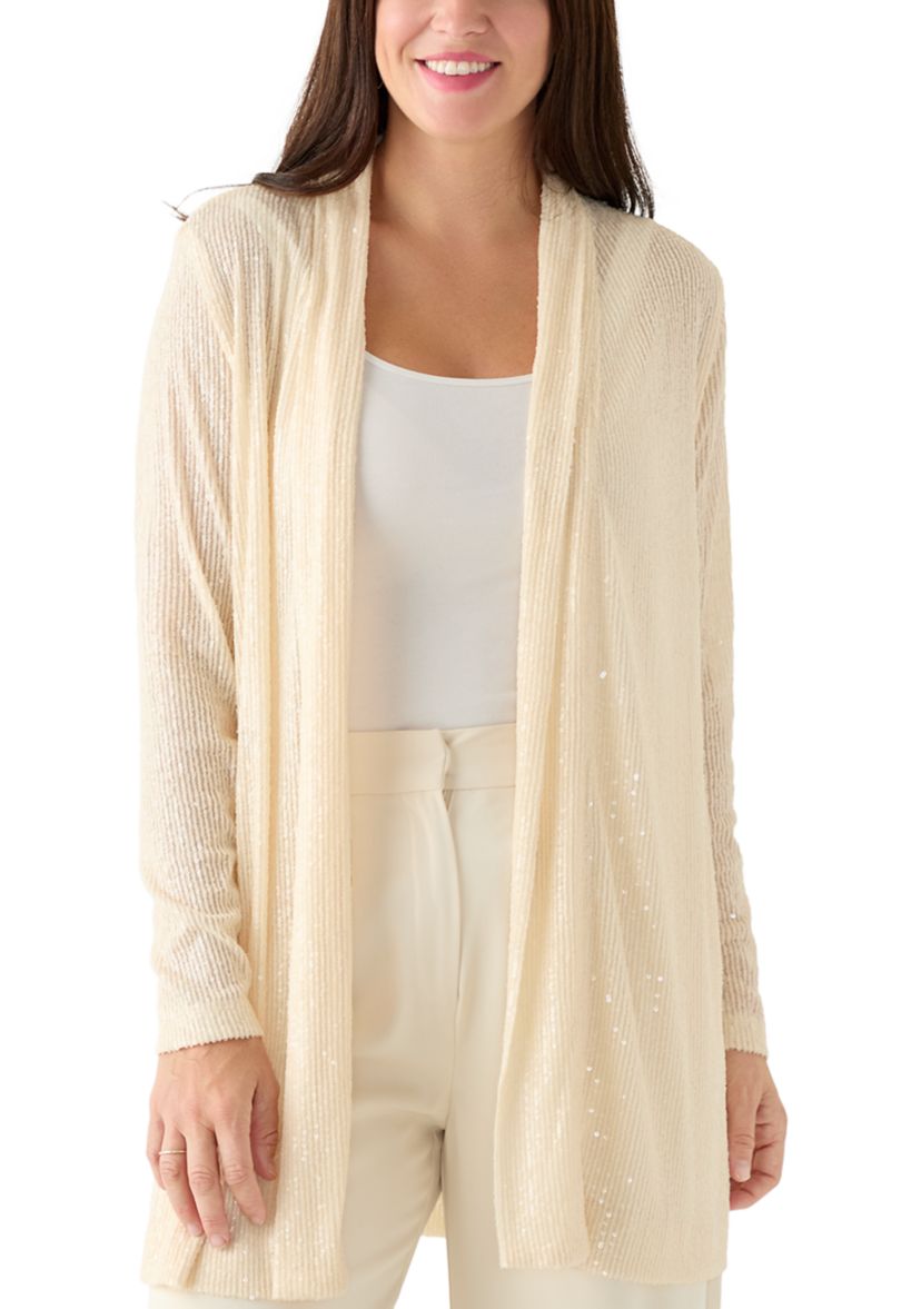 Womens Drape Front Sequin Cardigan 