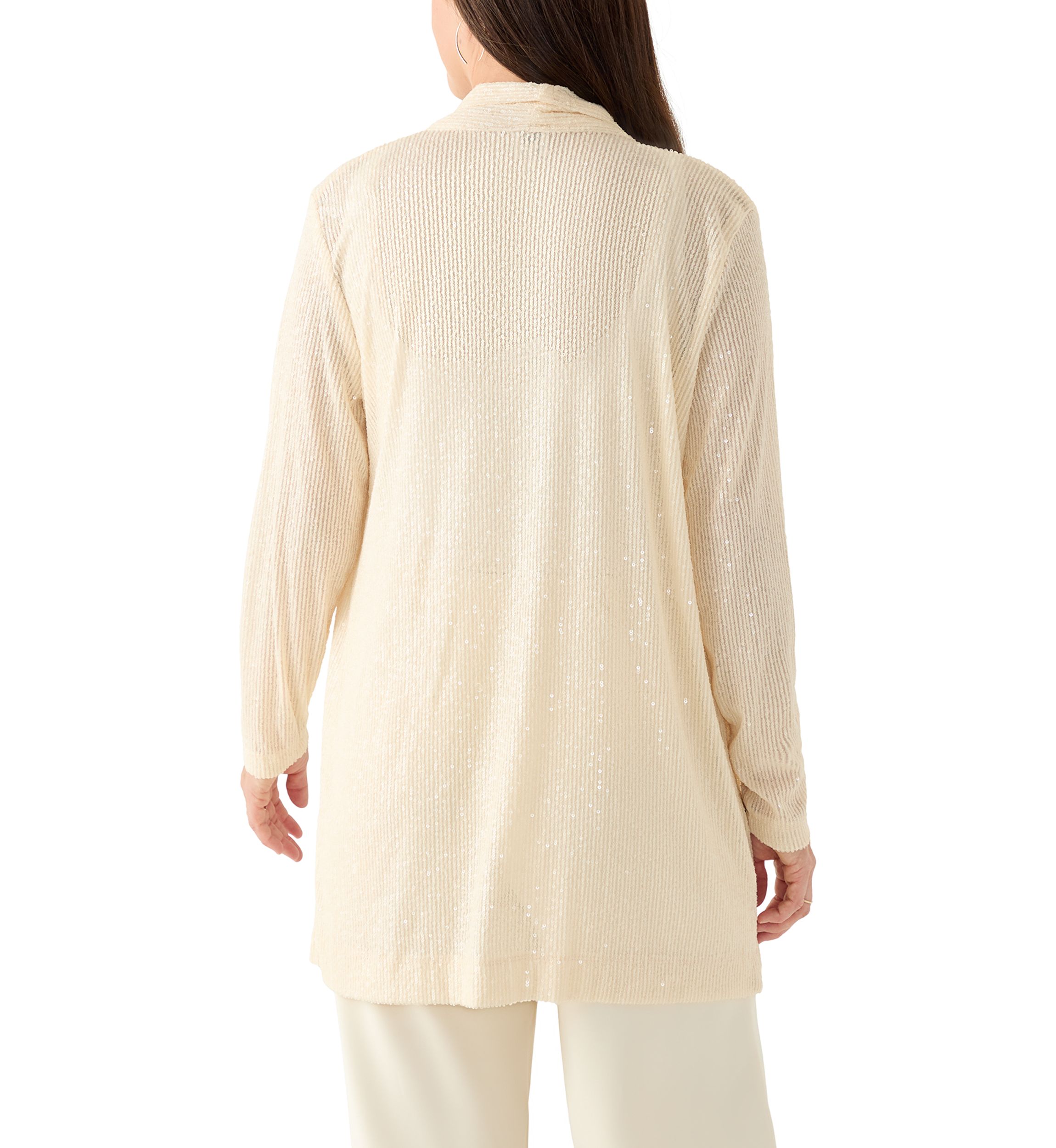 Womens Drape Front Sequin Cardigan 