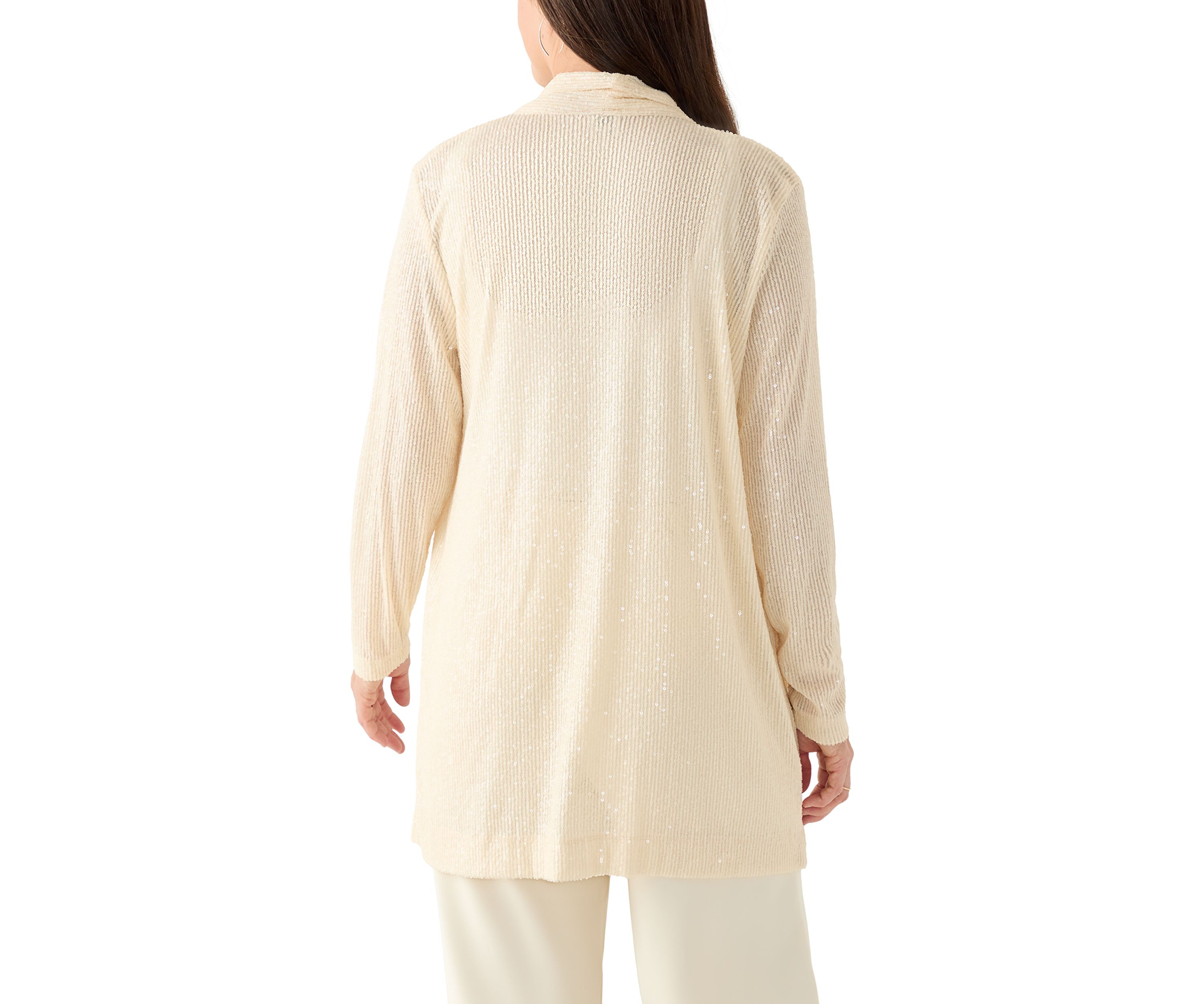 Womens Drape Front Sequin Cardigan 