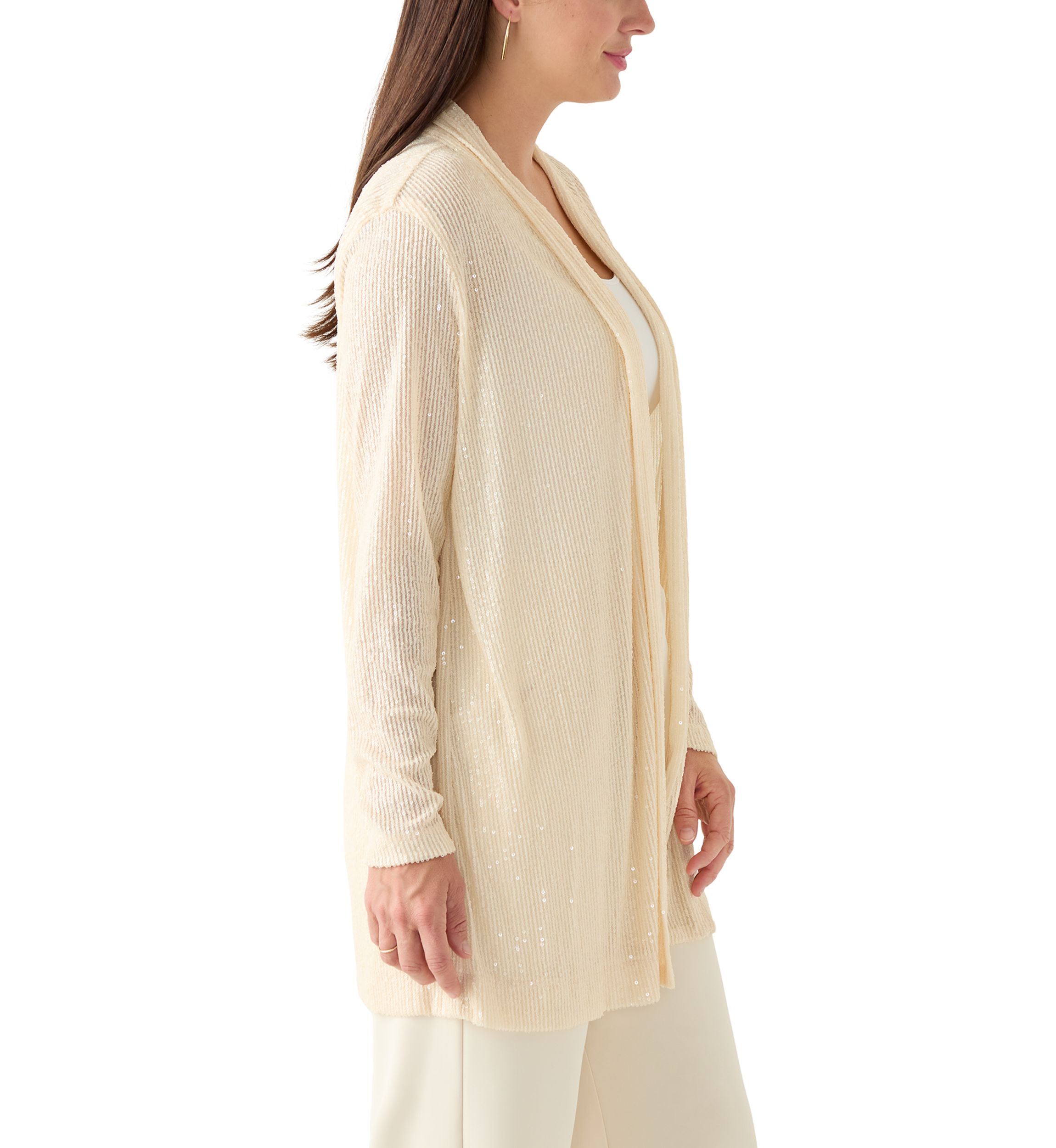 Womens Drape Front Sequin Cardigan 