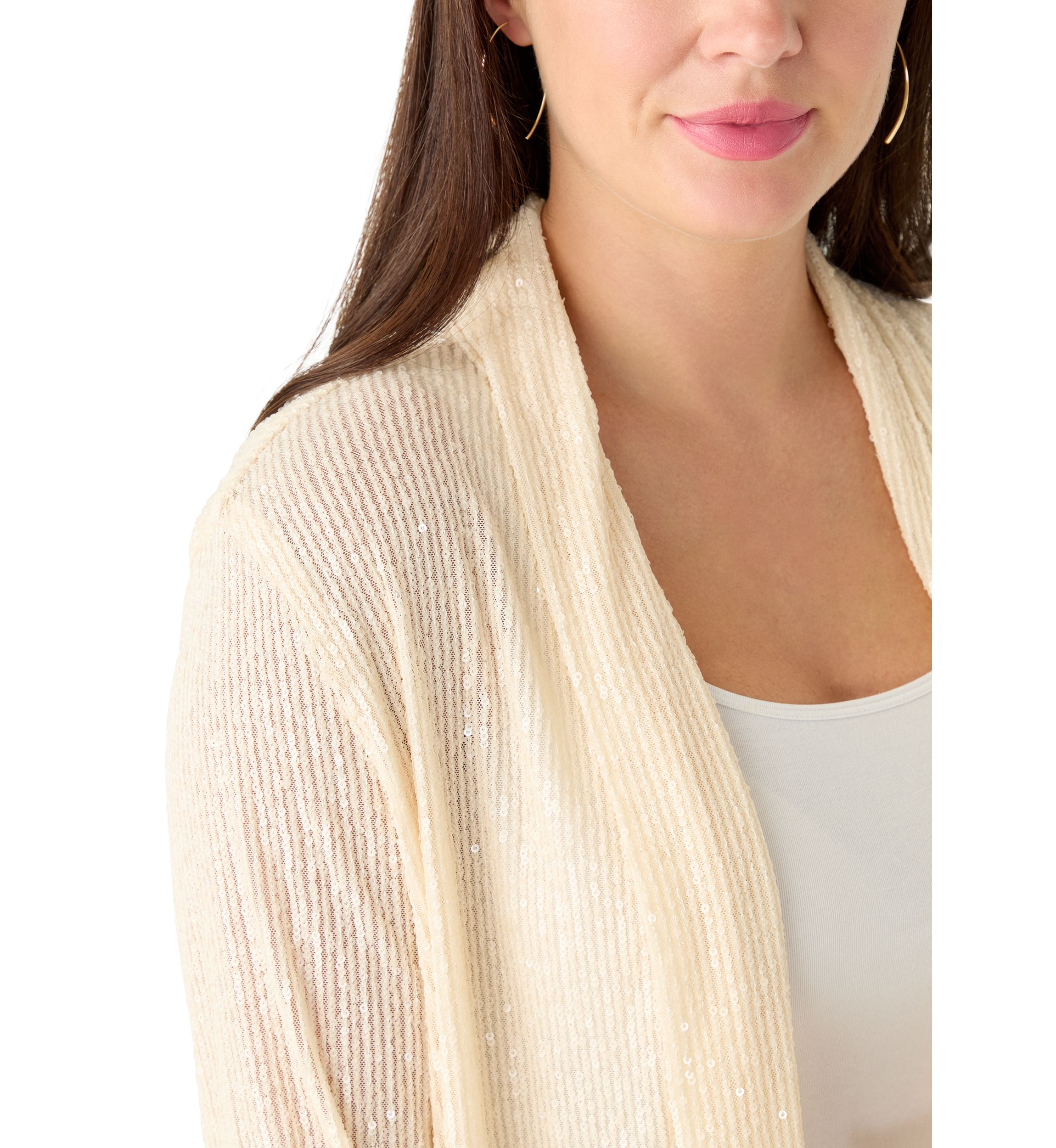 Womens Drape Front Sequin Cardigan 