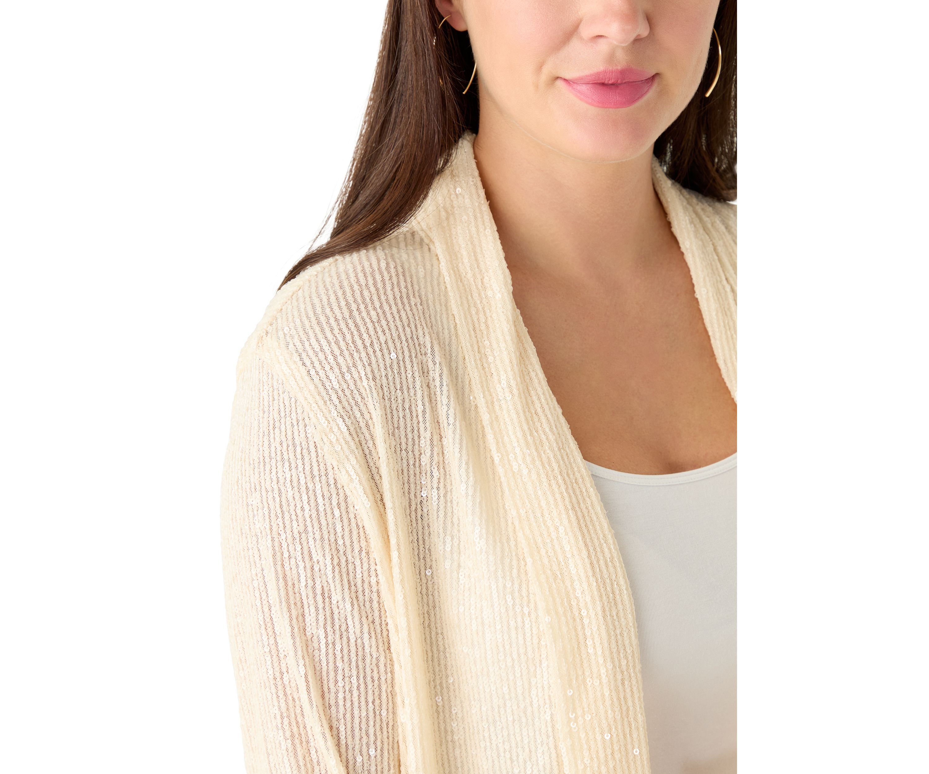 Womens Drape Front Sequin Cardigan 