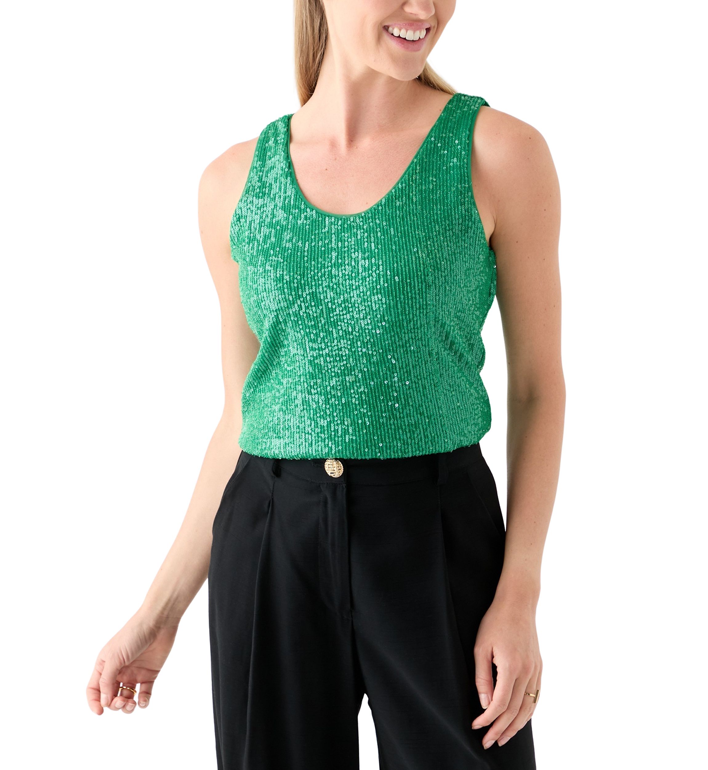 Petite Double Scoop Neck Sequin Tank