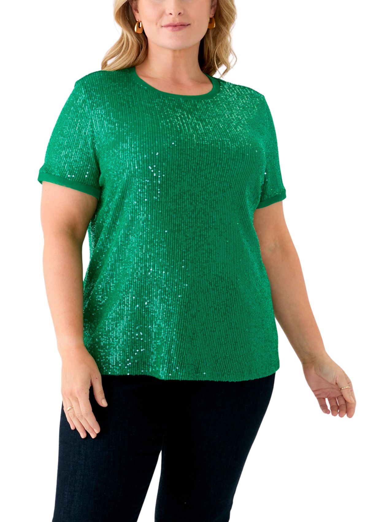 Plus Size Sequin Mesh Double V-Scoop Sequin T-Shirt 