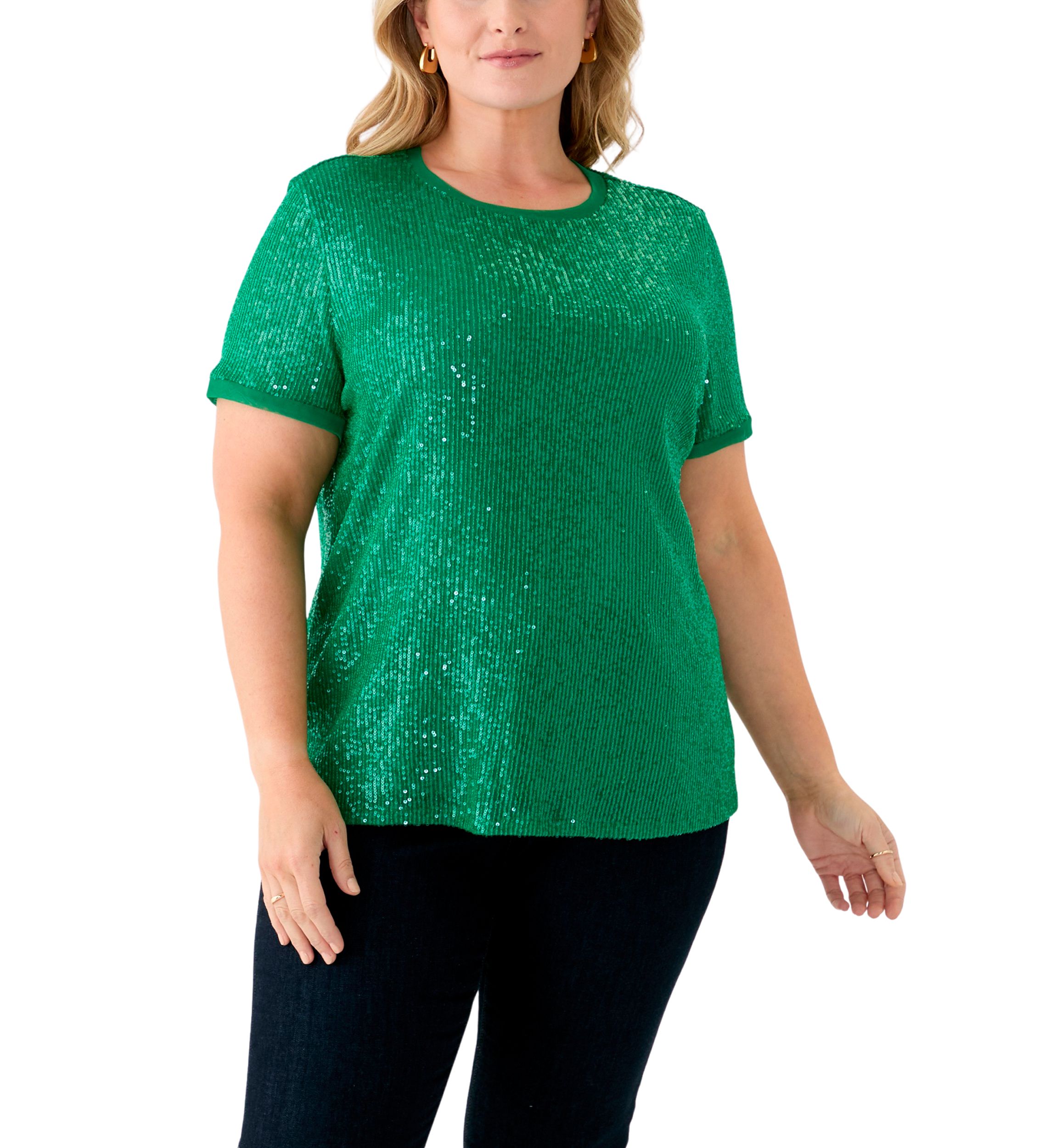 Plus Size Sequin Mesh Double V-Scoop Sequin T-Shirt 