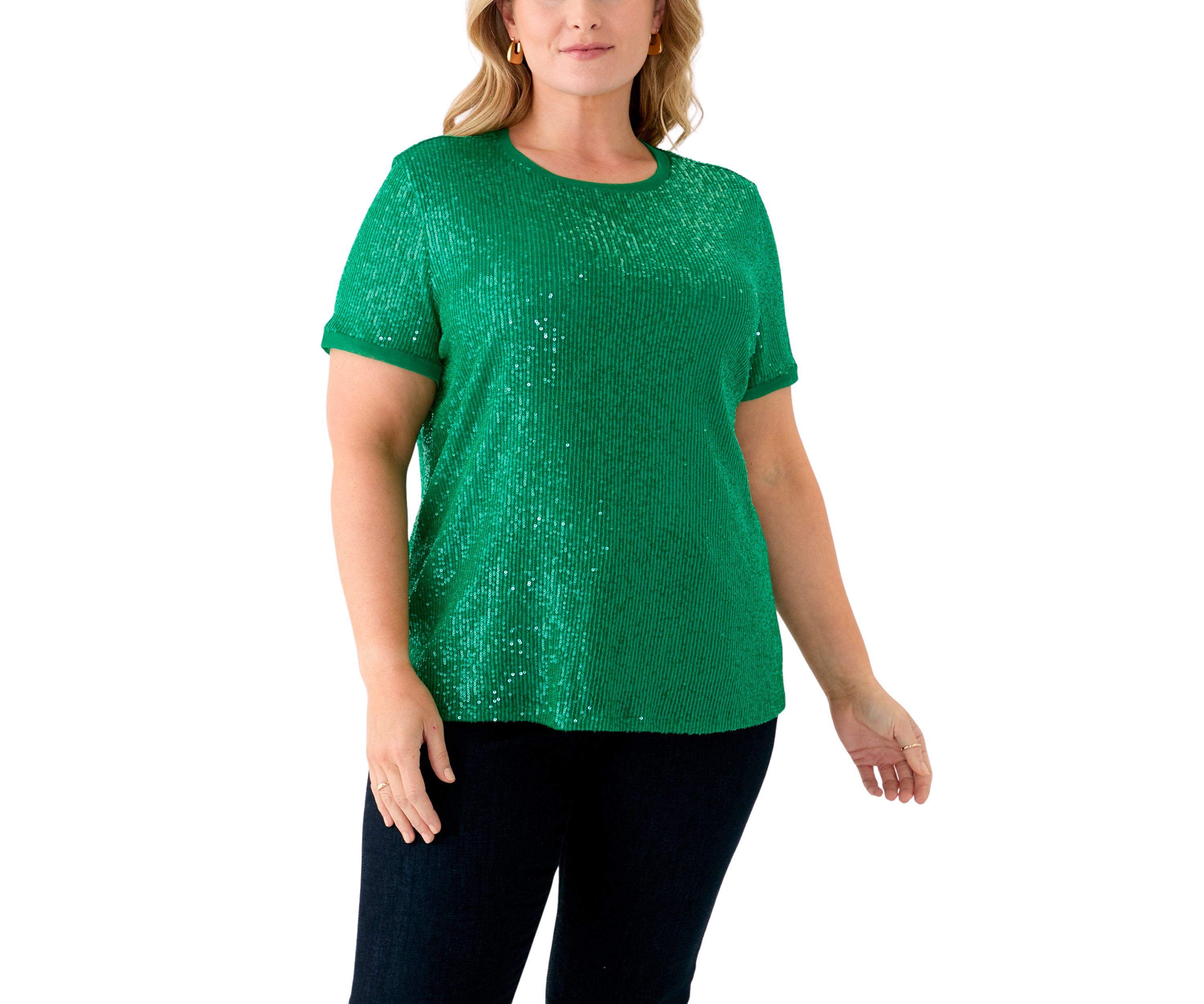Plus Size Sequin Mesh Double V-Scoop Sequin T-Shirt 