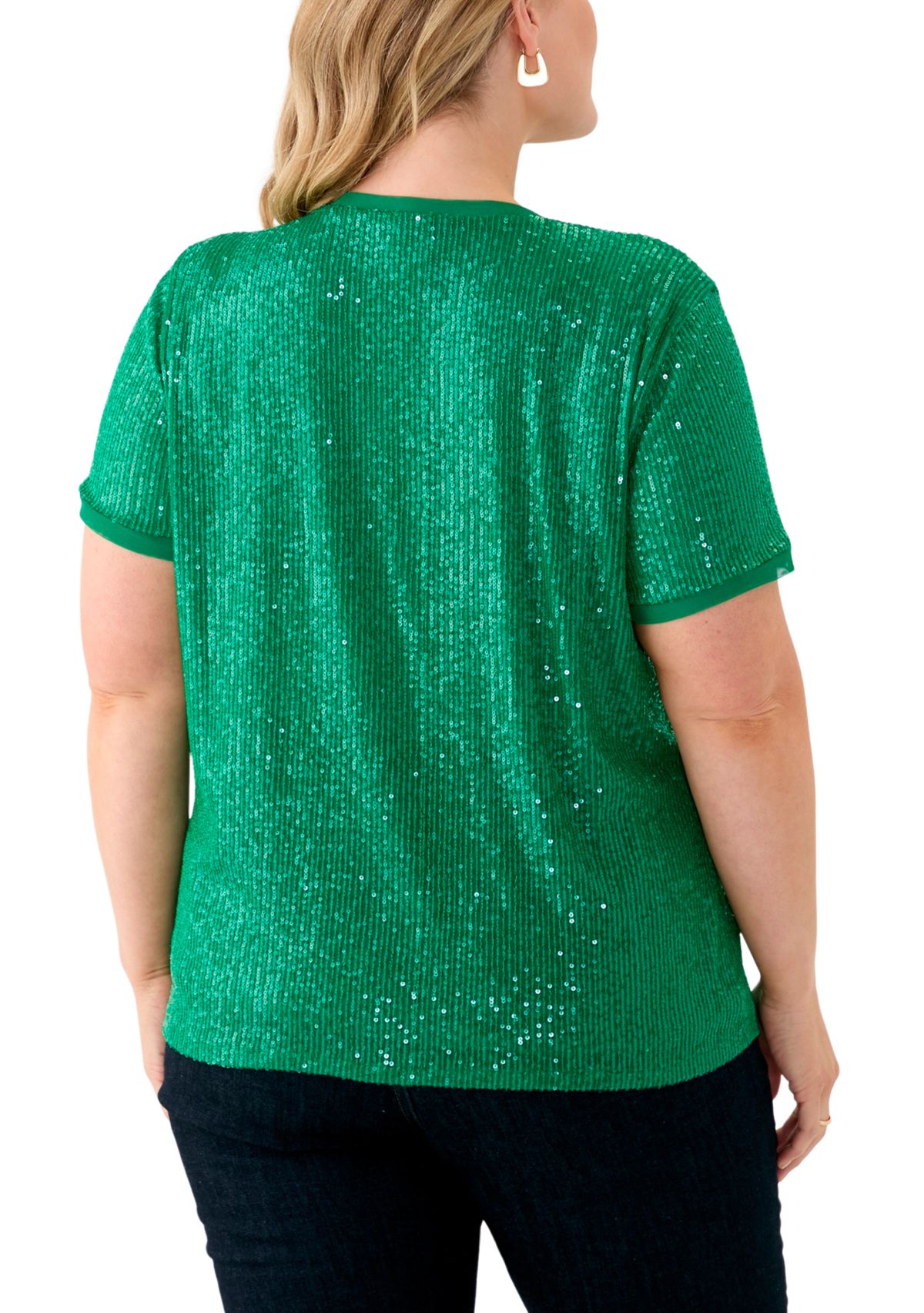 Plus Size Sequin Mesh Double V-Scoop Sequin T-Shirt 
