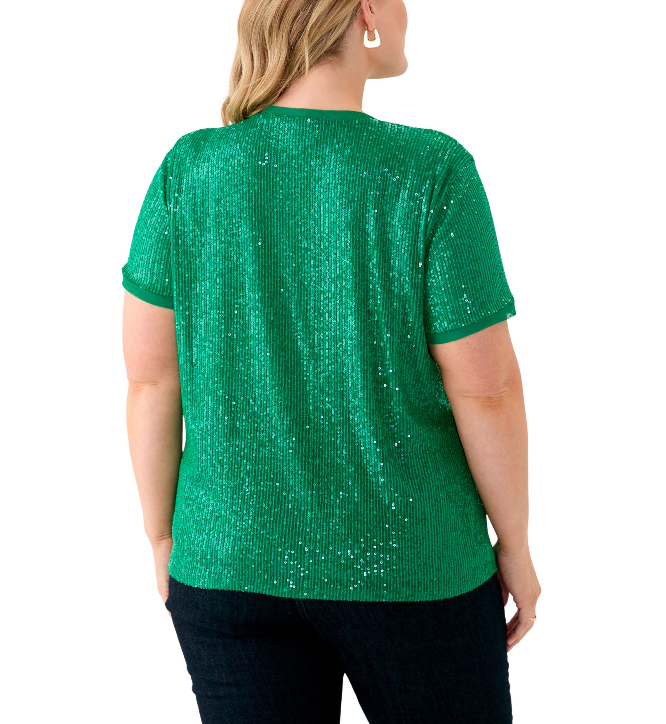 Plus Size Sequin Mesh Double V-Scoop Sequin T-Shirt 