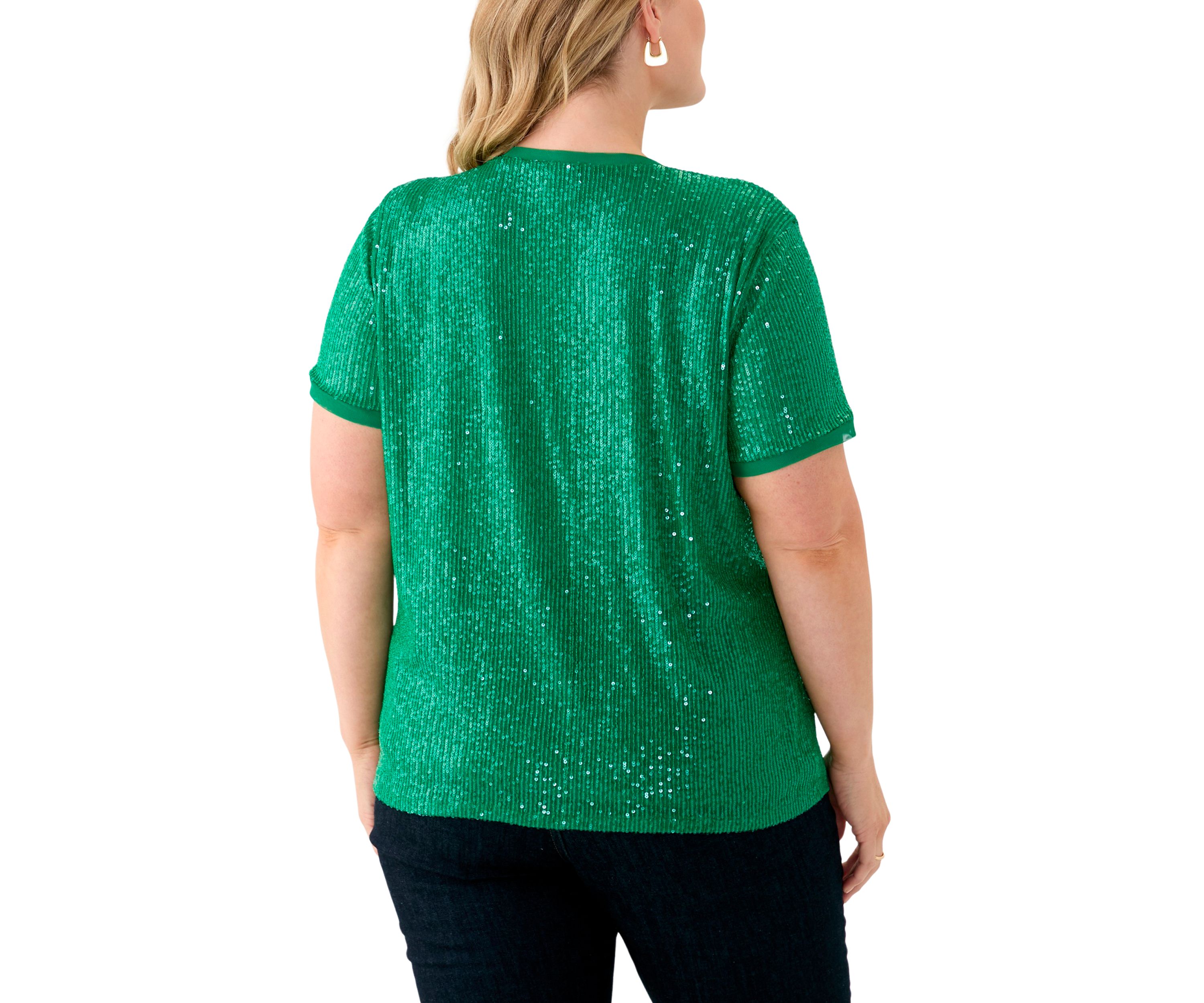 Plus Size Sequin Mesh Double V-Scoop Sequin T-Shirt 