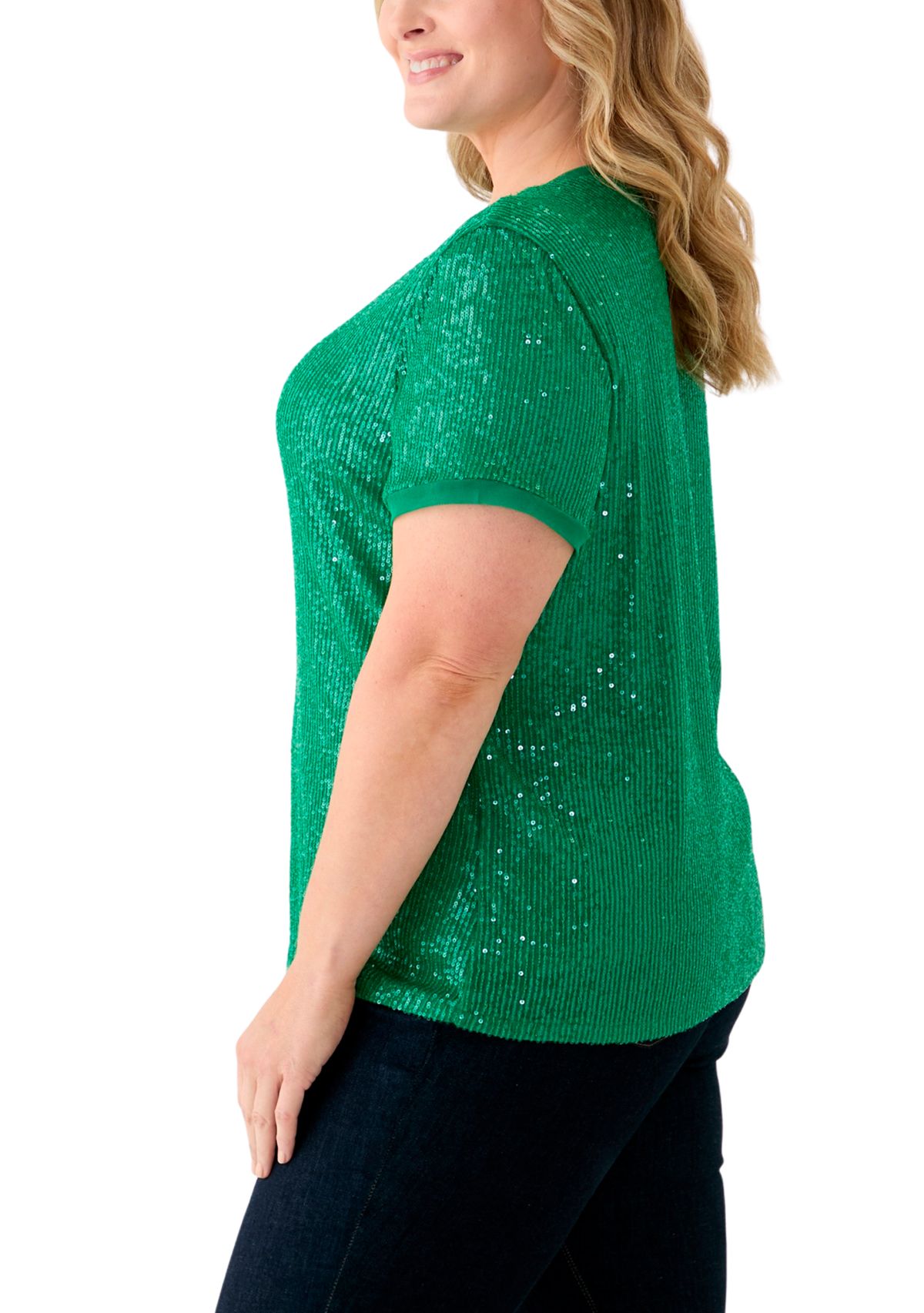 Plus Size Sequin Mesh Double V-Scoop Sequin T-Shirt 