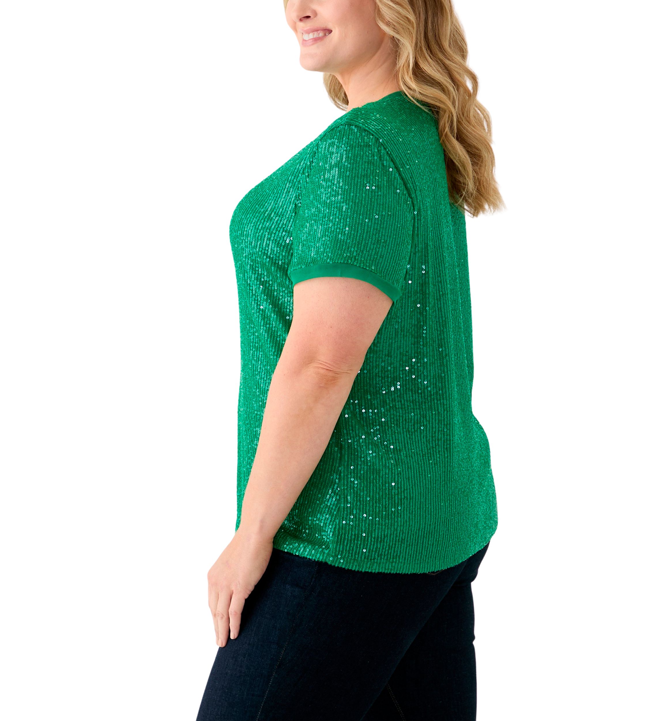 Plus Size Sequin Mesh Double V-Scoop Sequin T-Shirt 