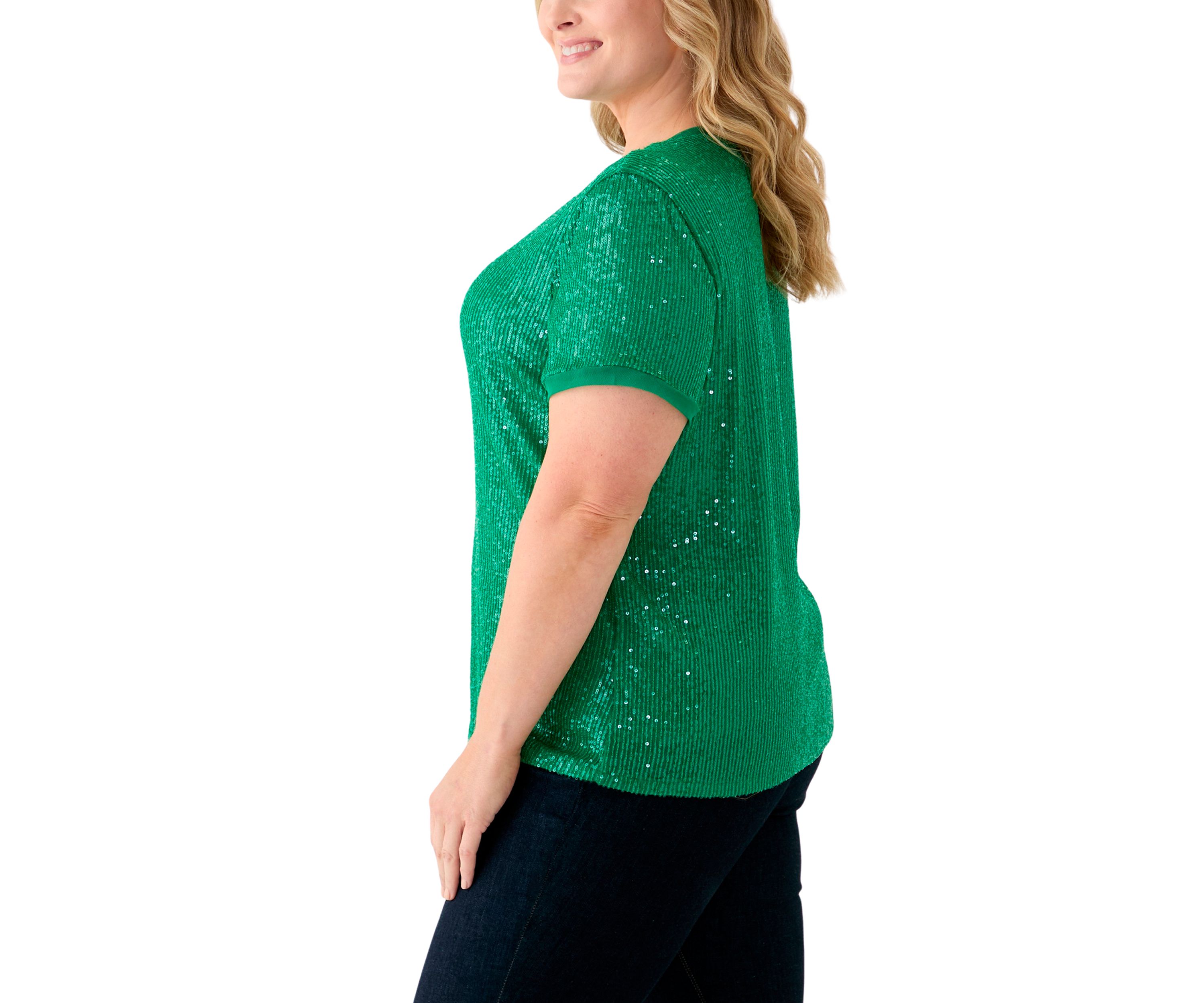 Plus Size Sequin Mesh Double V-Scoop Sequin T-Shirt 