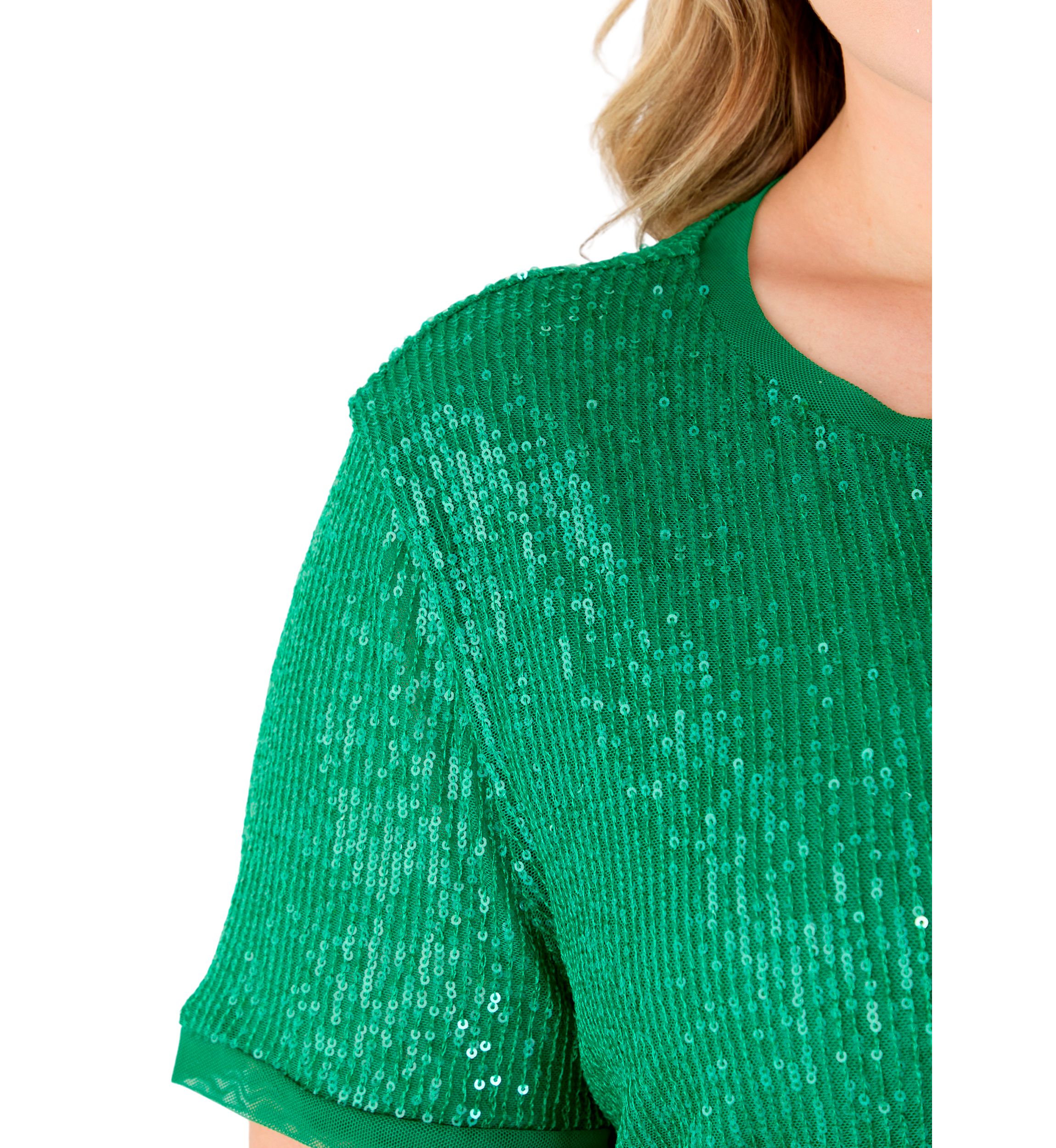 Plus Size Sequin Mesh Double V-Scoop Sequin T-Shirt 