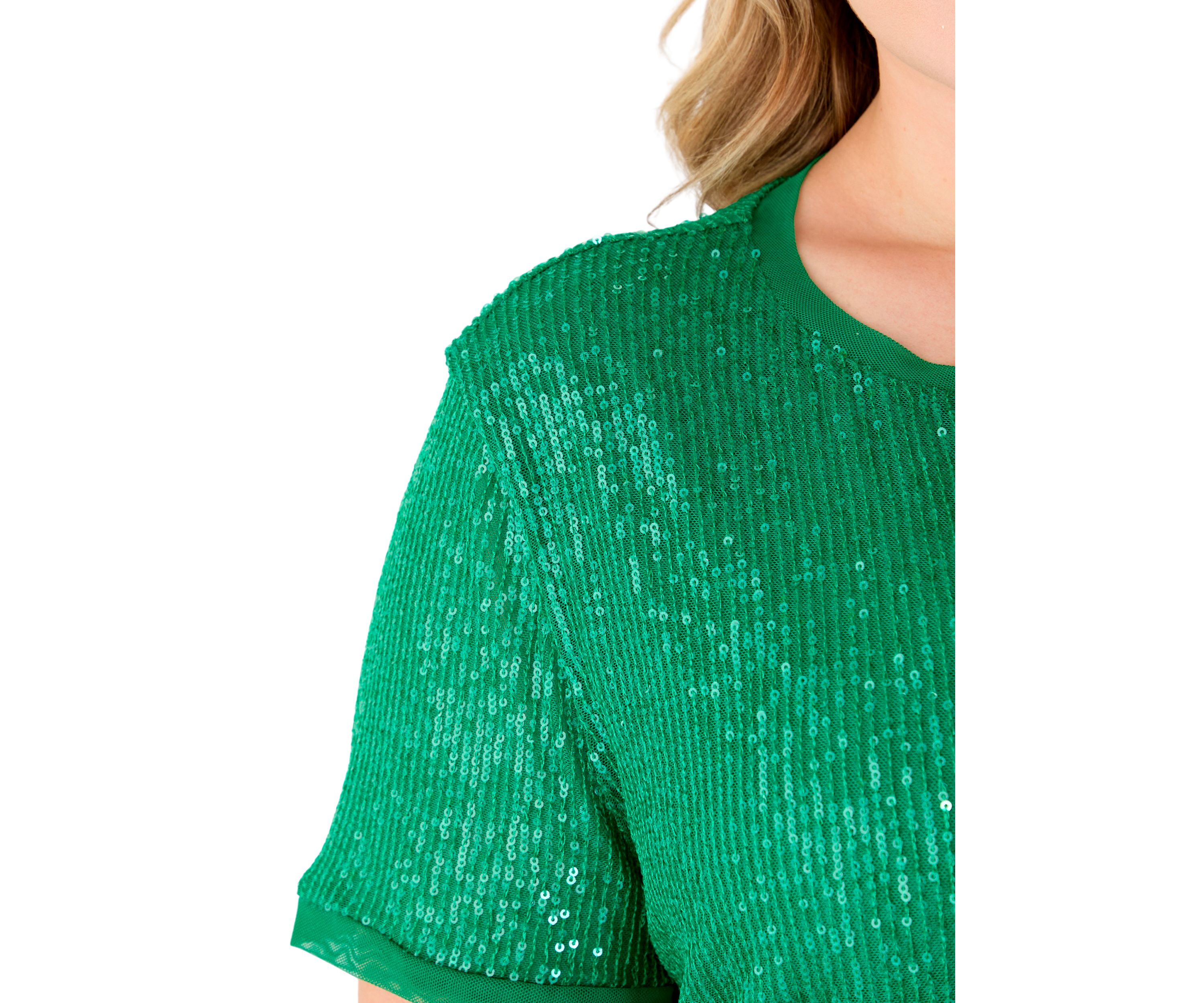 Plus Size Sequin Mesh Double V-Scoop Sequin T-Shirt 