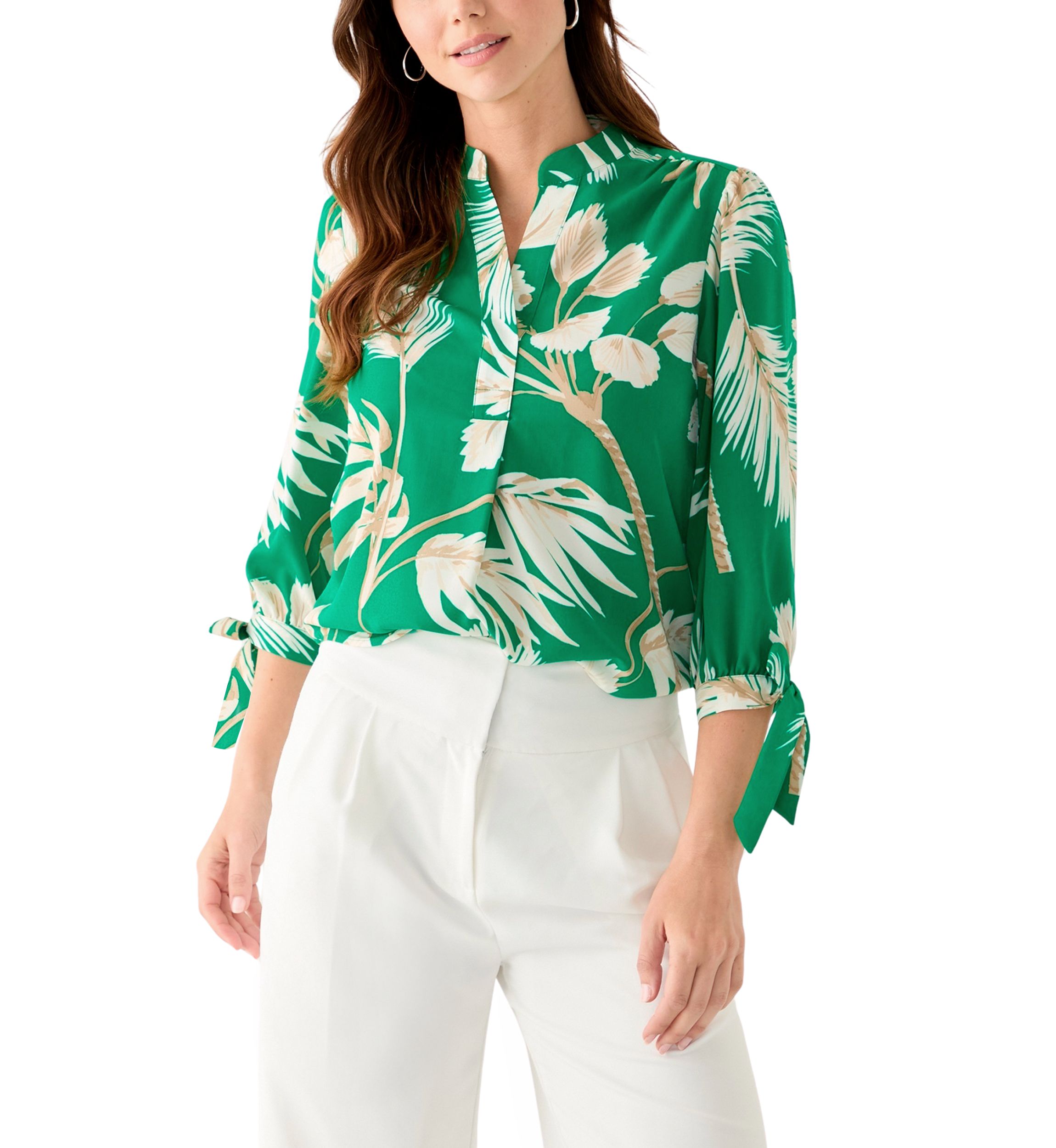 Petite Leaf Printed Top with Tie Sleeves