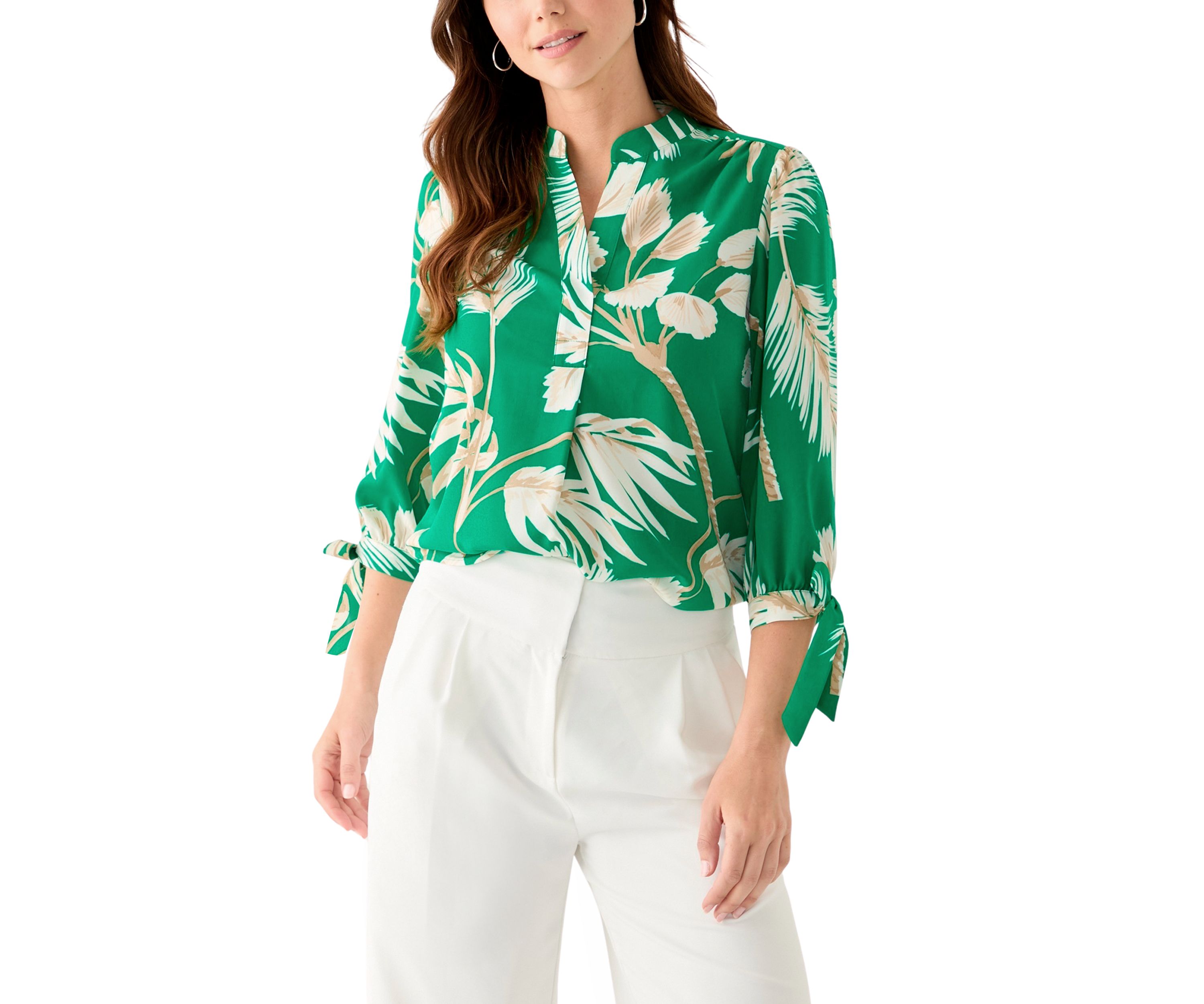 Petite Leaf Printed Top with Tie Sleeves