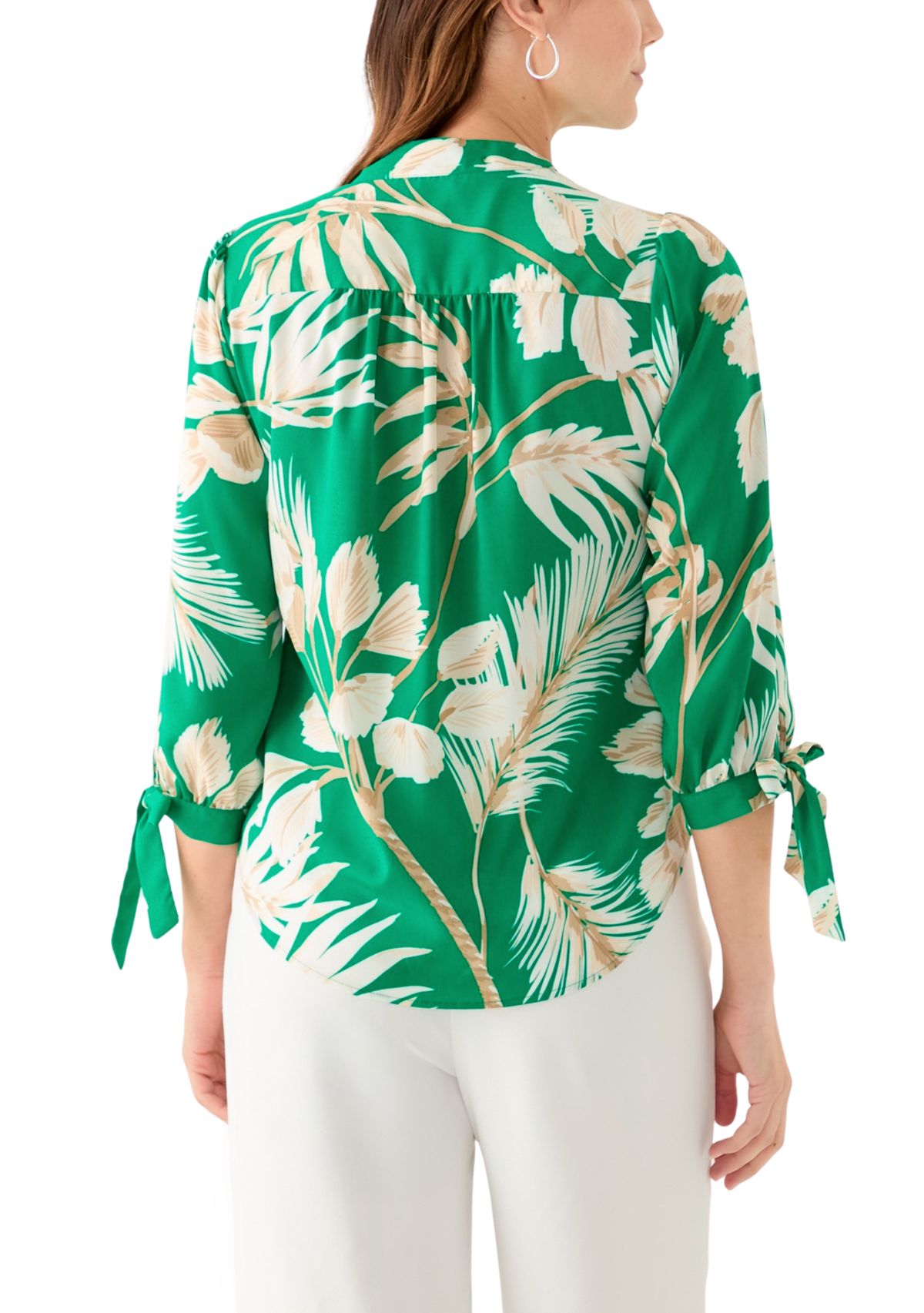 Petite Leaf Printed Top with Tie Sleeves