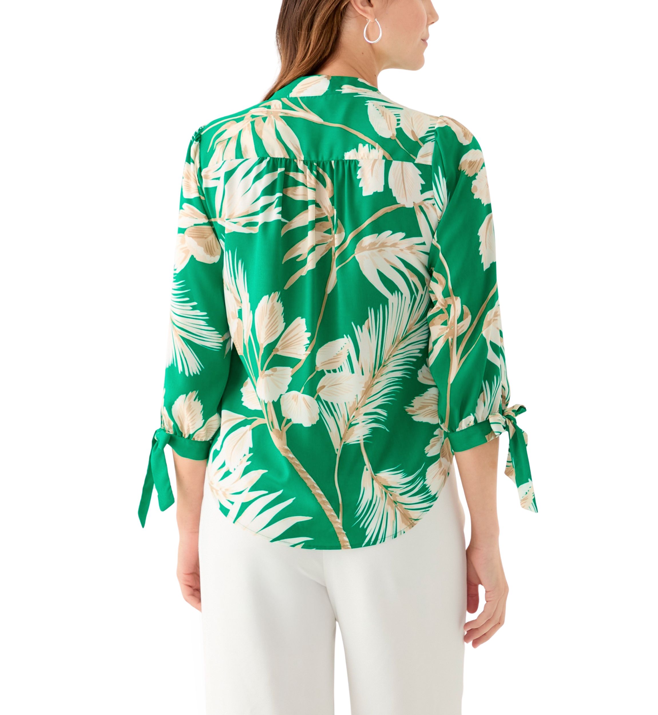 Petite Leaf Printed Top with Tie Sleeves