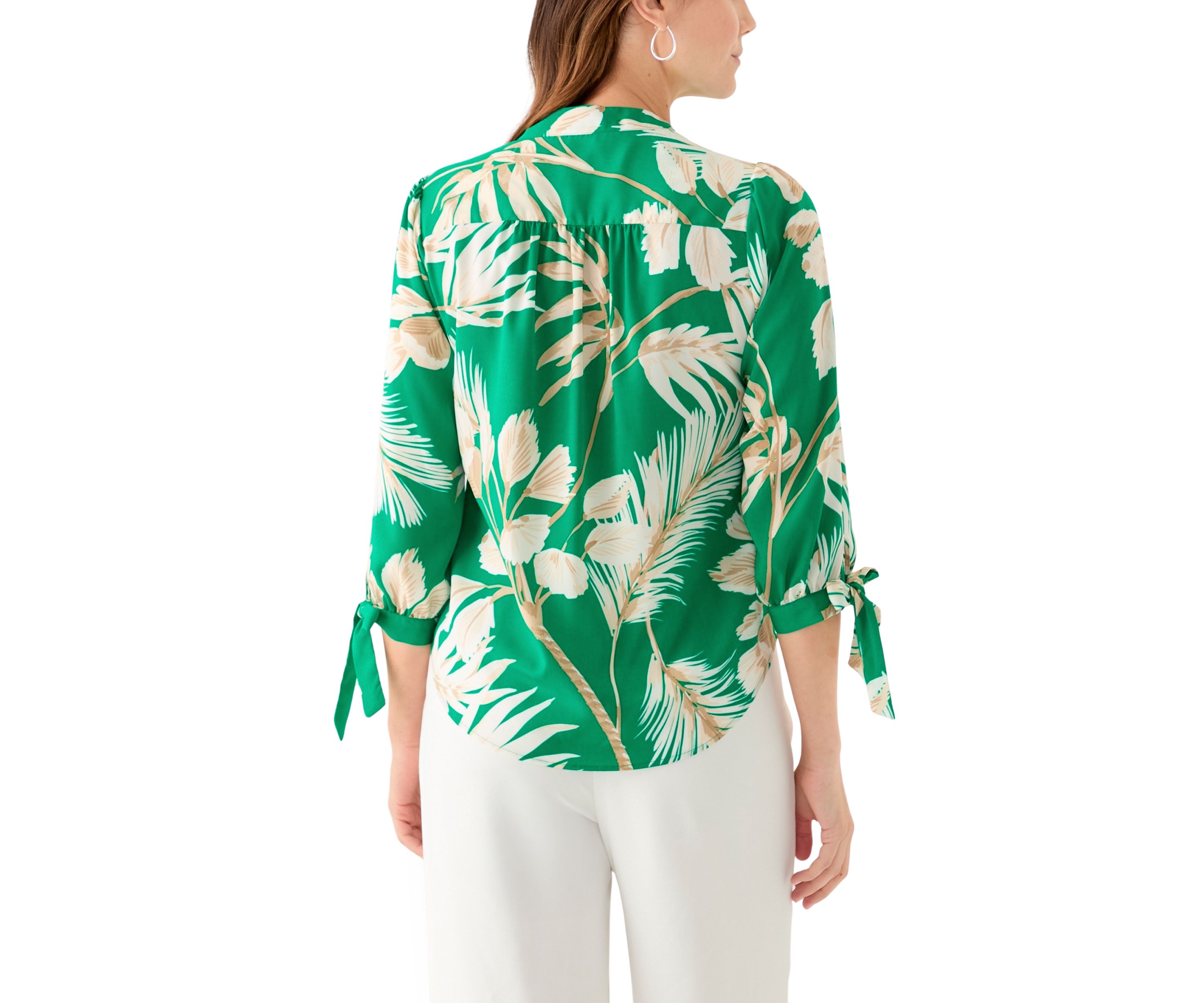 Petite Leaf Printed Top with Tie Sleeves