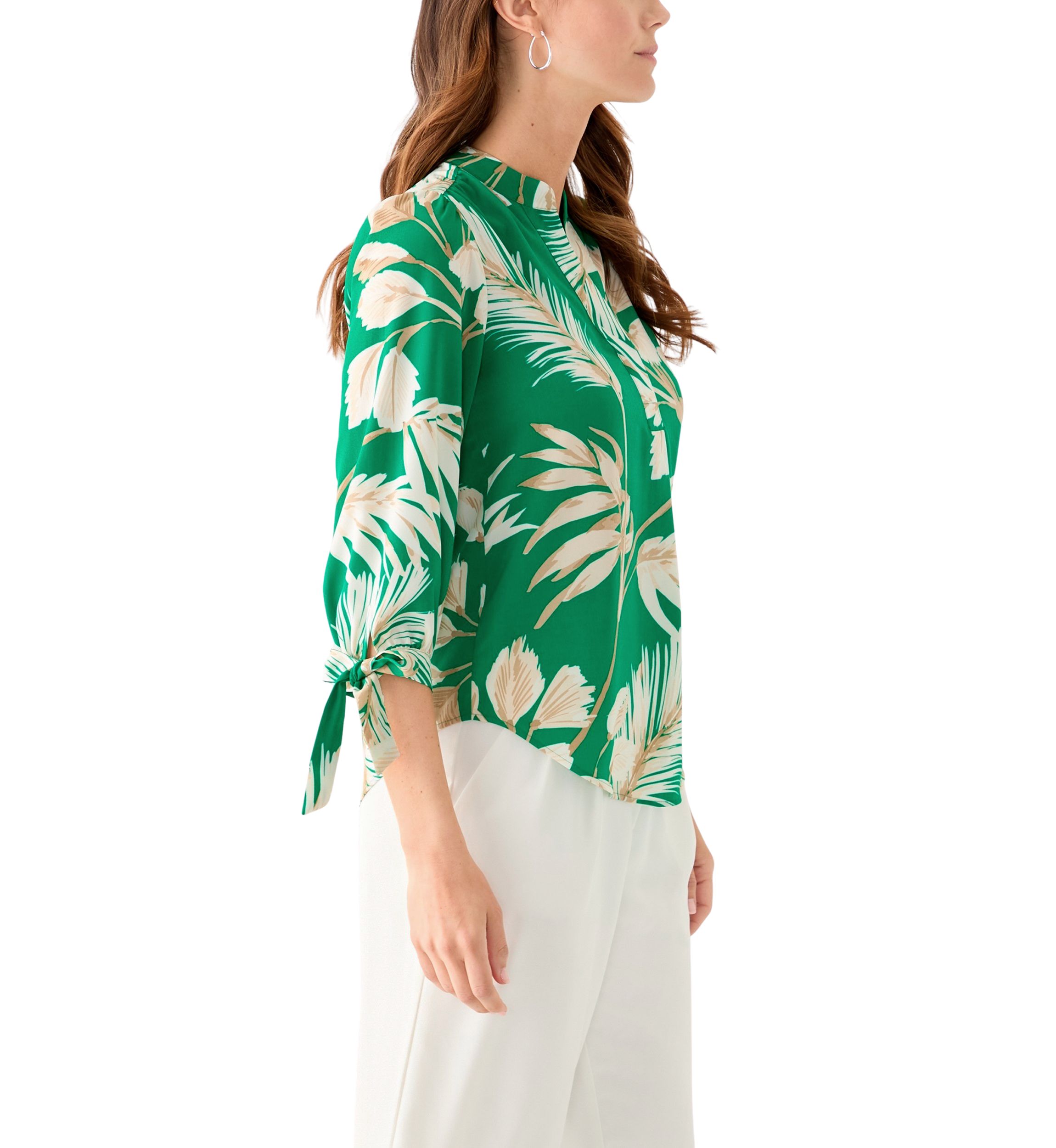 Petite Leaf Printed Top with Tie Sleeves
