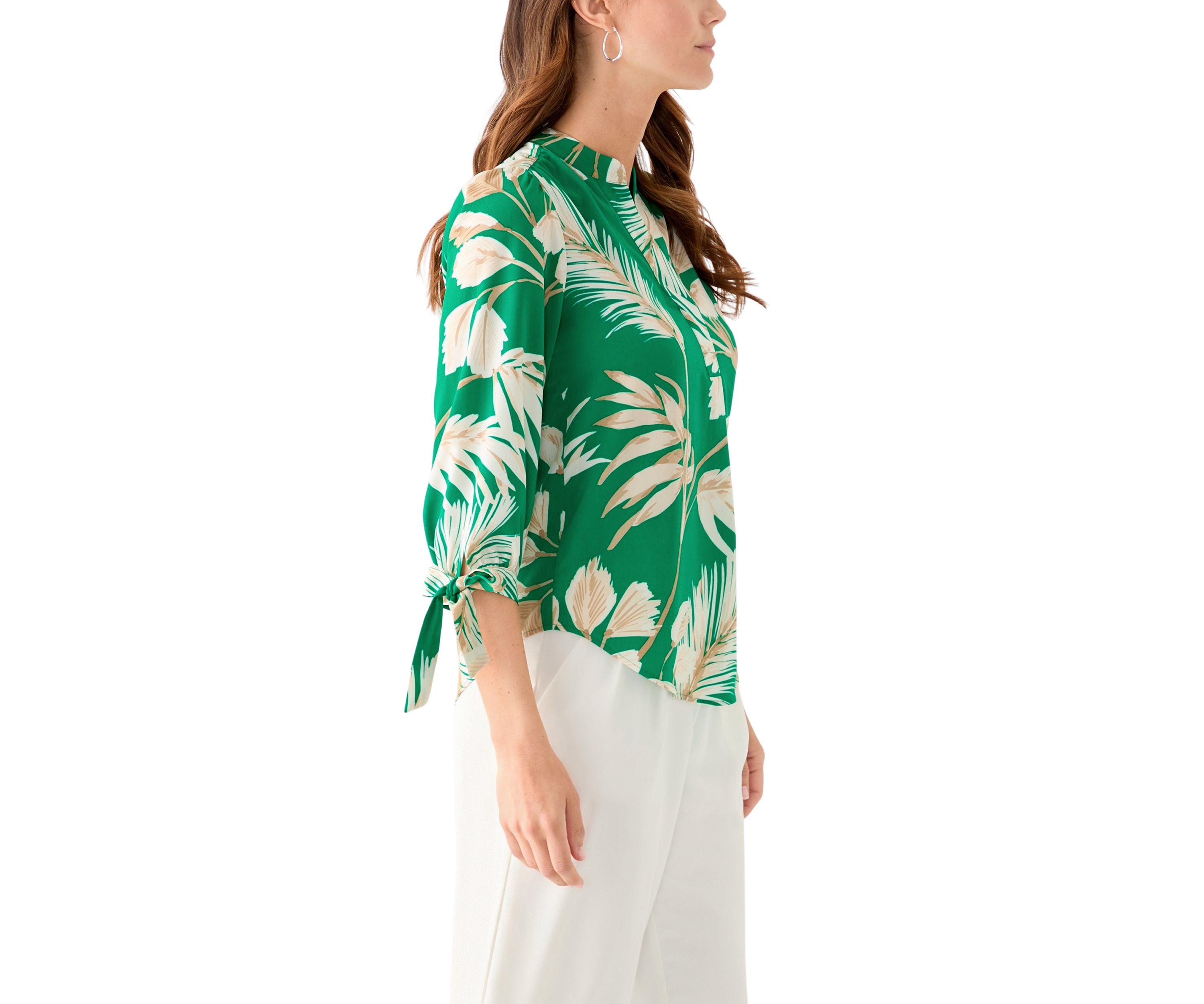 Petite Leaf Printed Top with Tie Sleeves