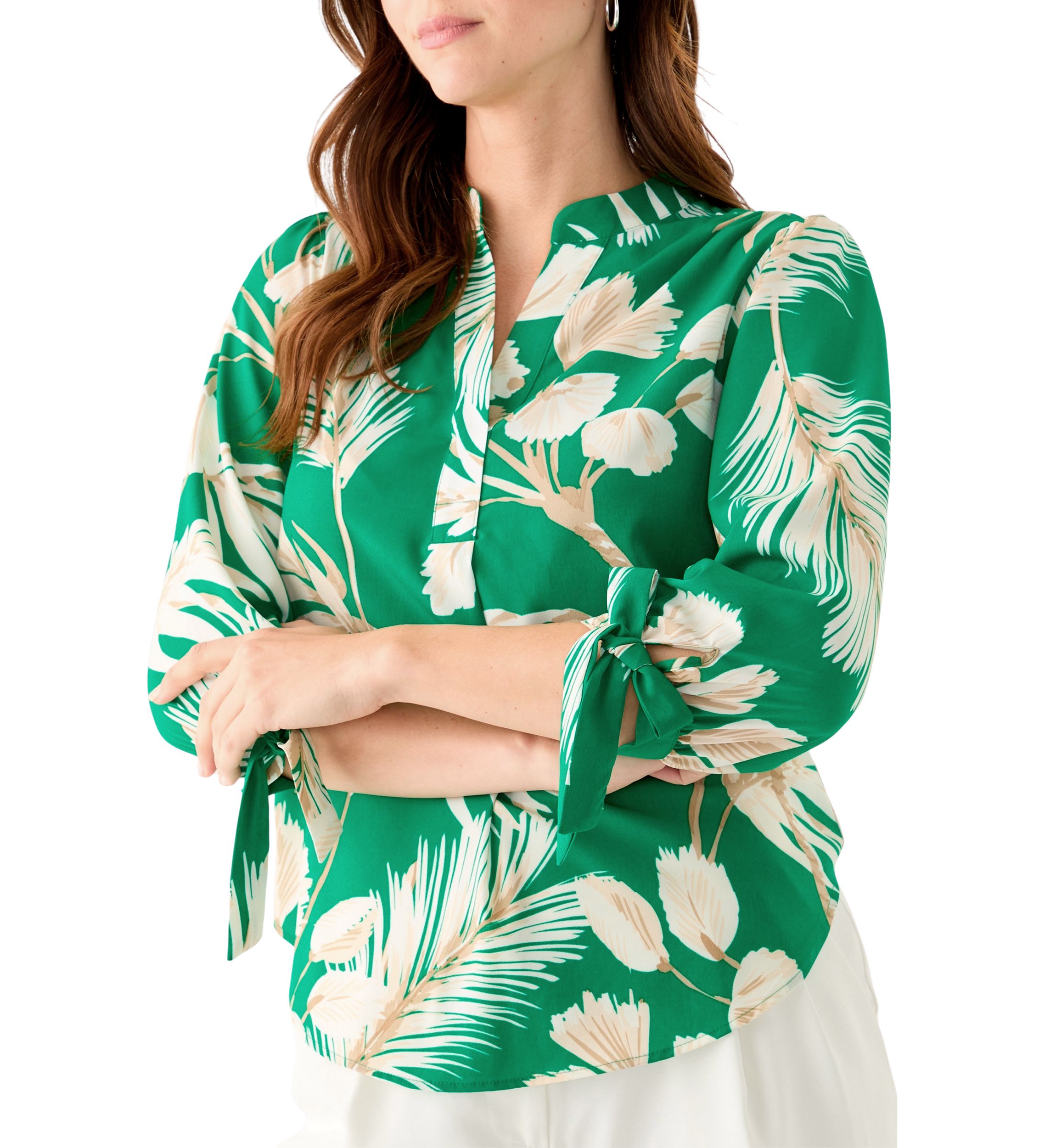 Petite Leaf Printed Top with Tie Sleeves