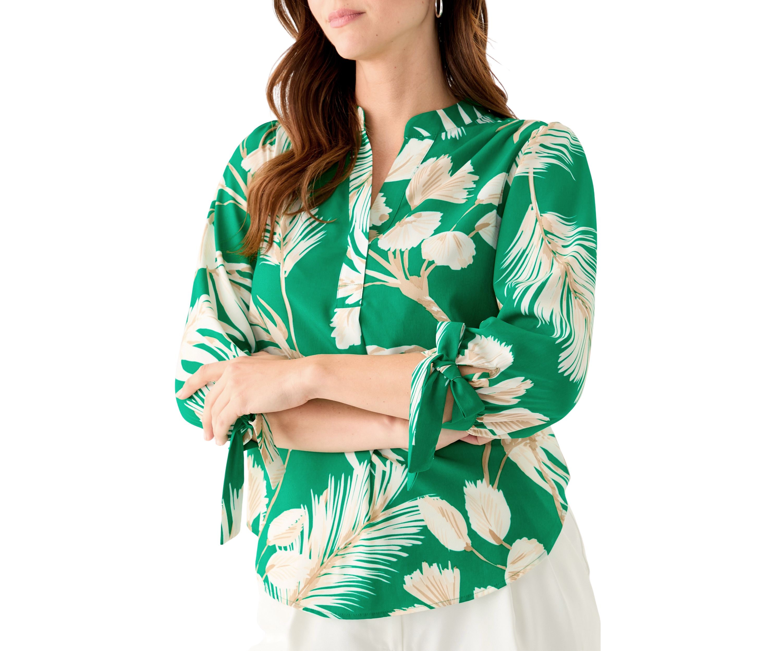 Petite Leaf Printed Top with Tie Sleeves