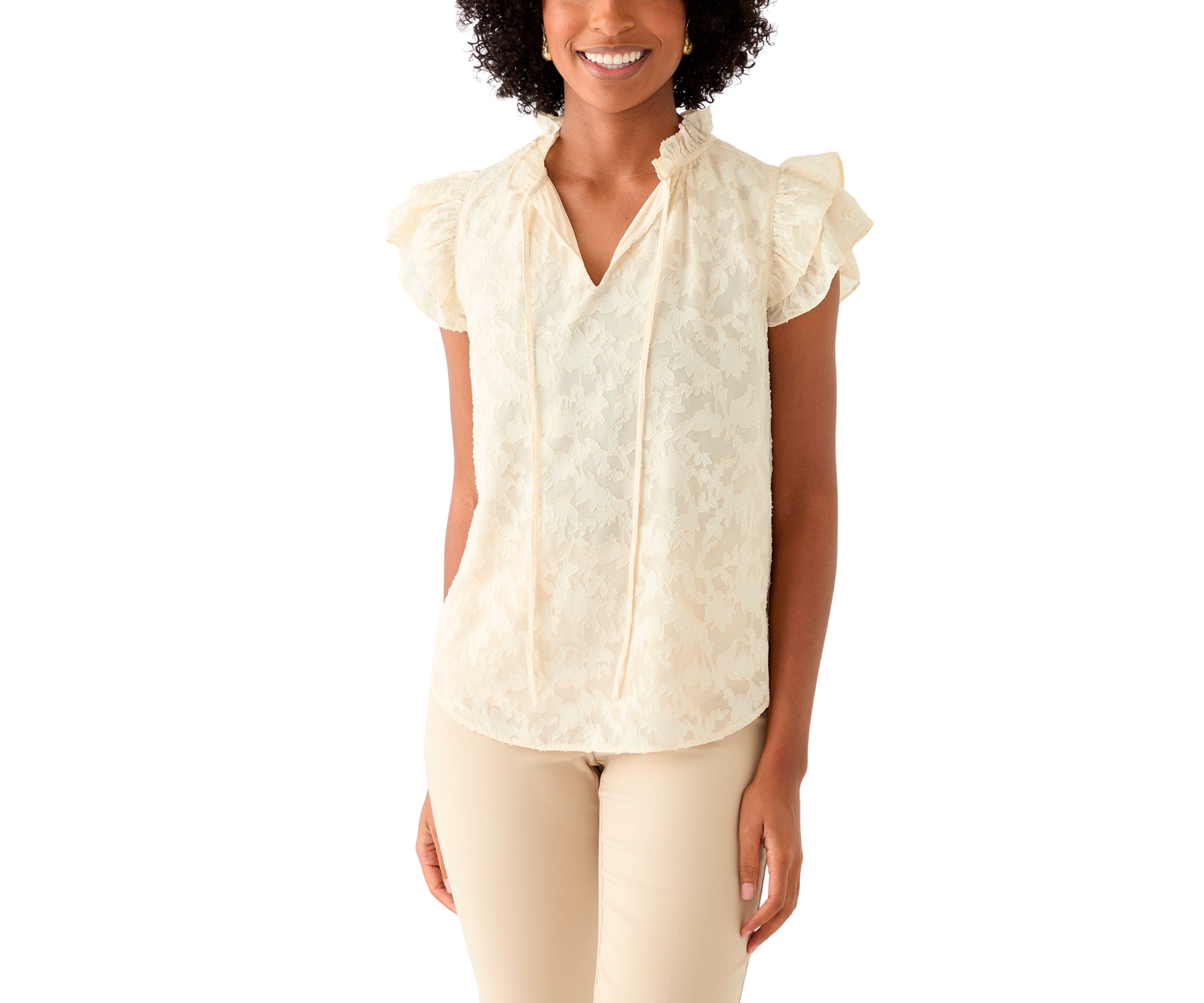 Womens Double Ruffle Tie Neck Blouse