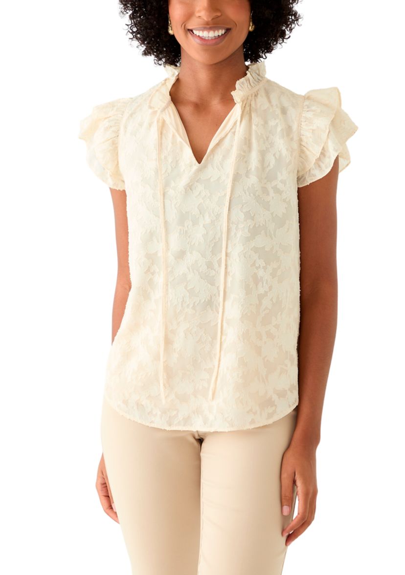 Womens Double Ruffle Tie Neck Blouse