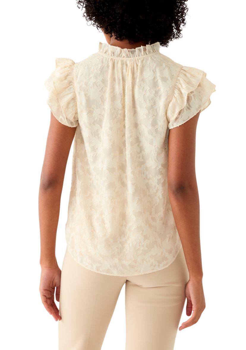 Womens Double Ruffle Tie Neck Blouse