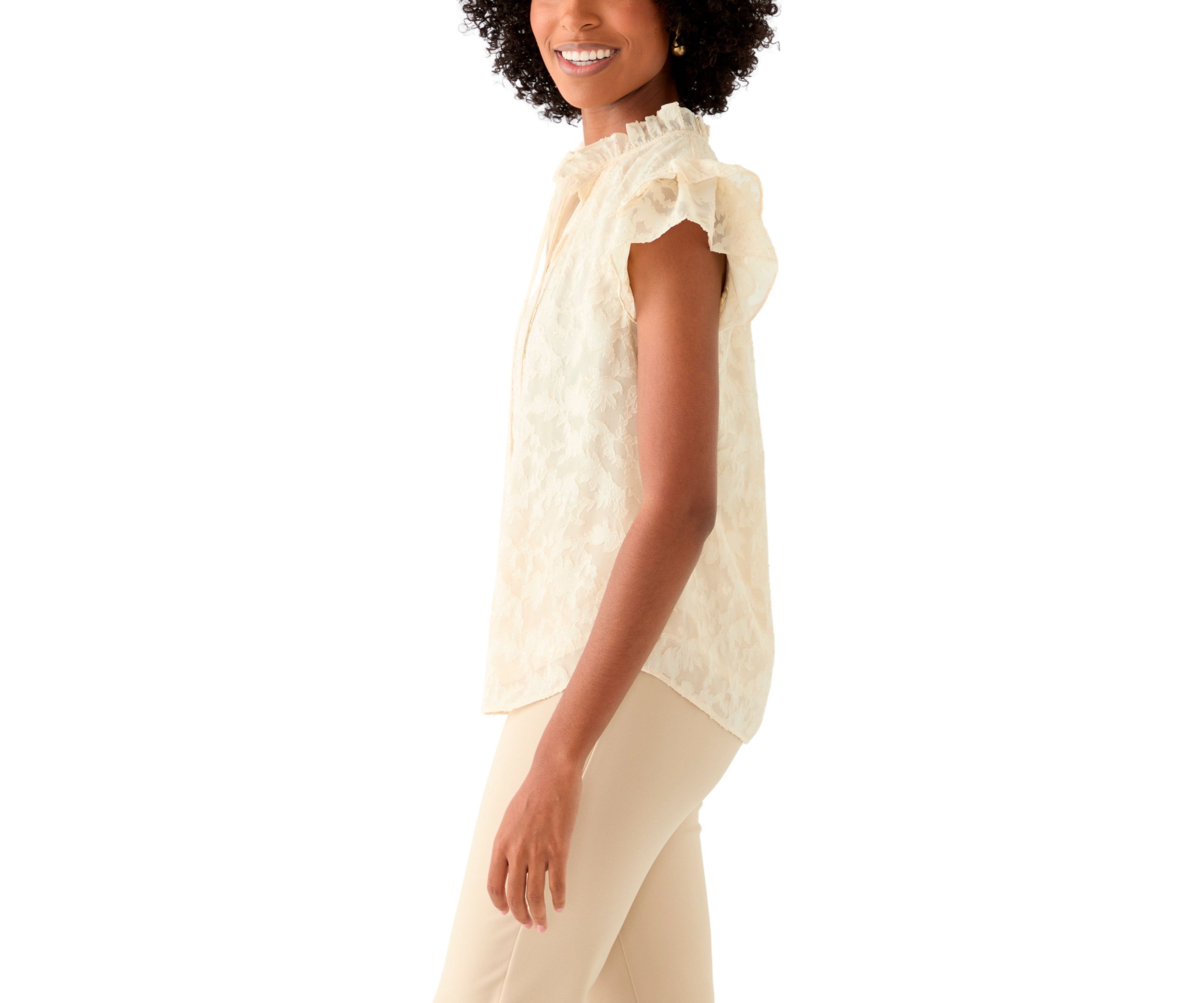 Womens Double Ruffle Tie Neck Blouse