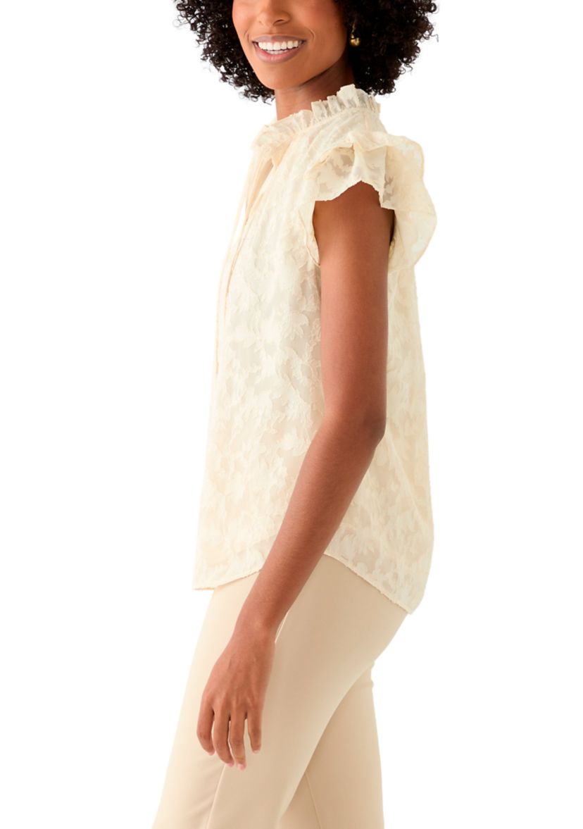 Womens Double Ruffle Tie Neck Blouse