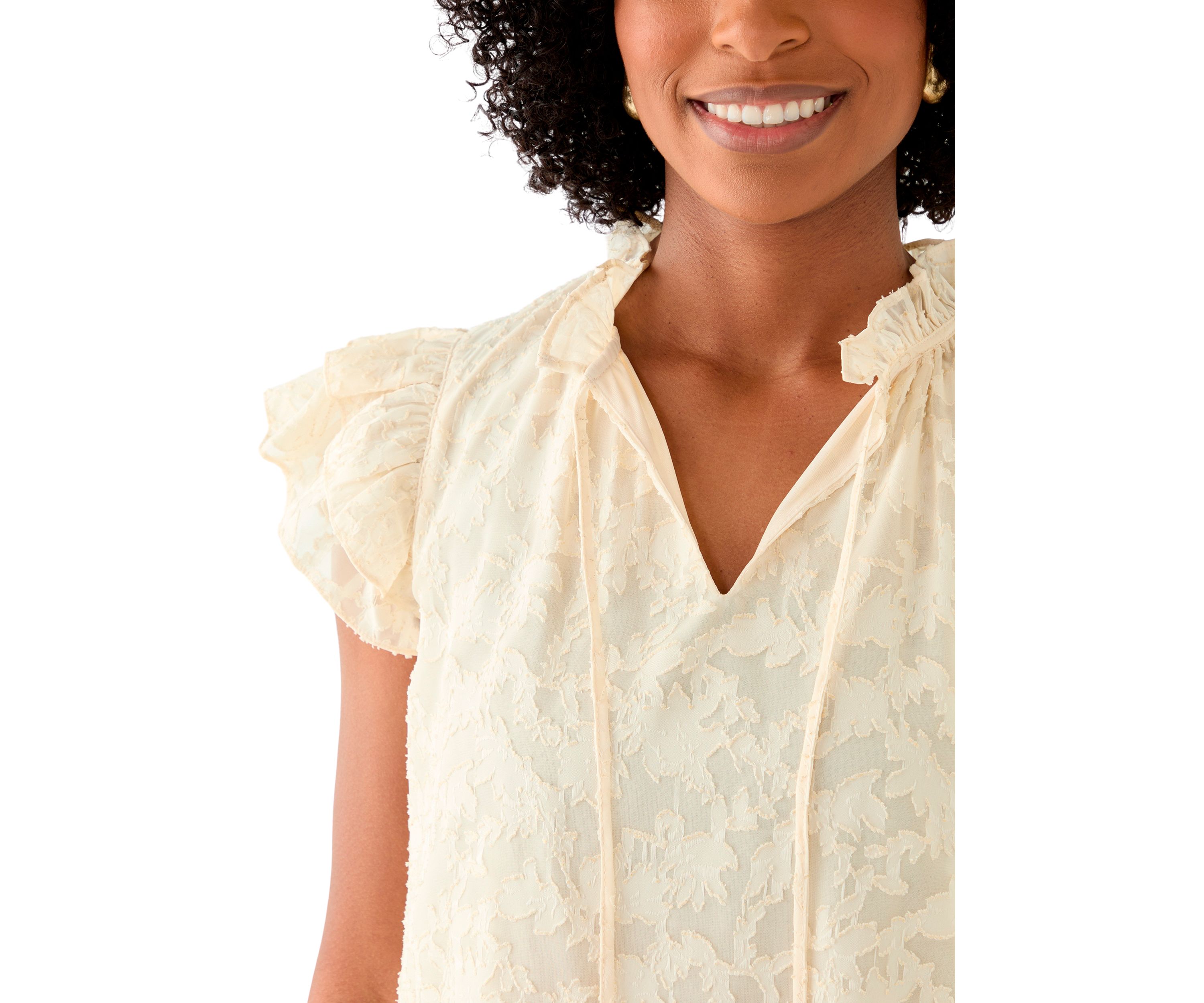 Womens Double Ruffle Tie Neck Blouse