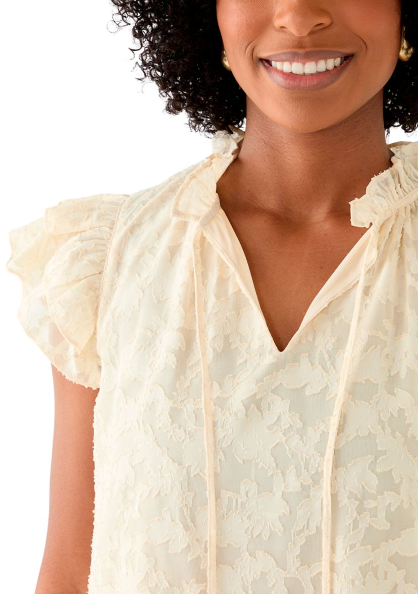 Womens Double Ruffle Tie Neck Blouse