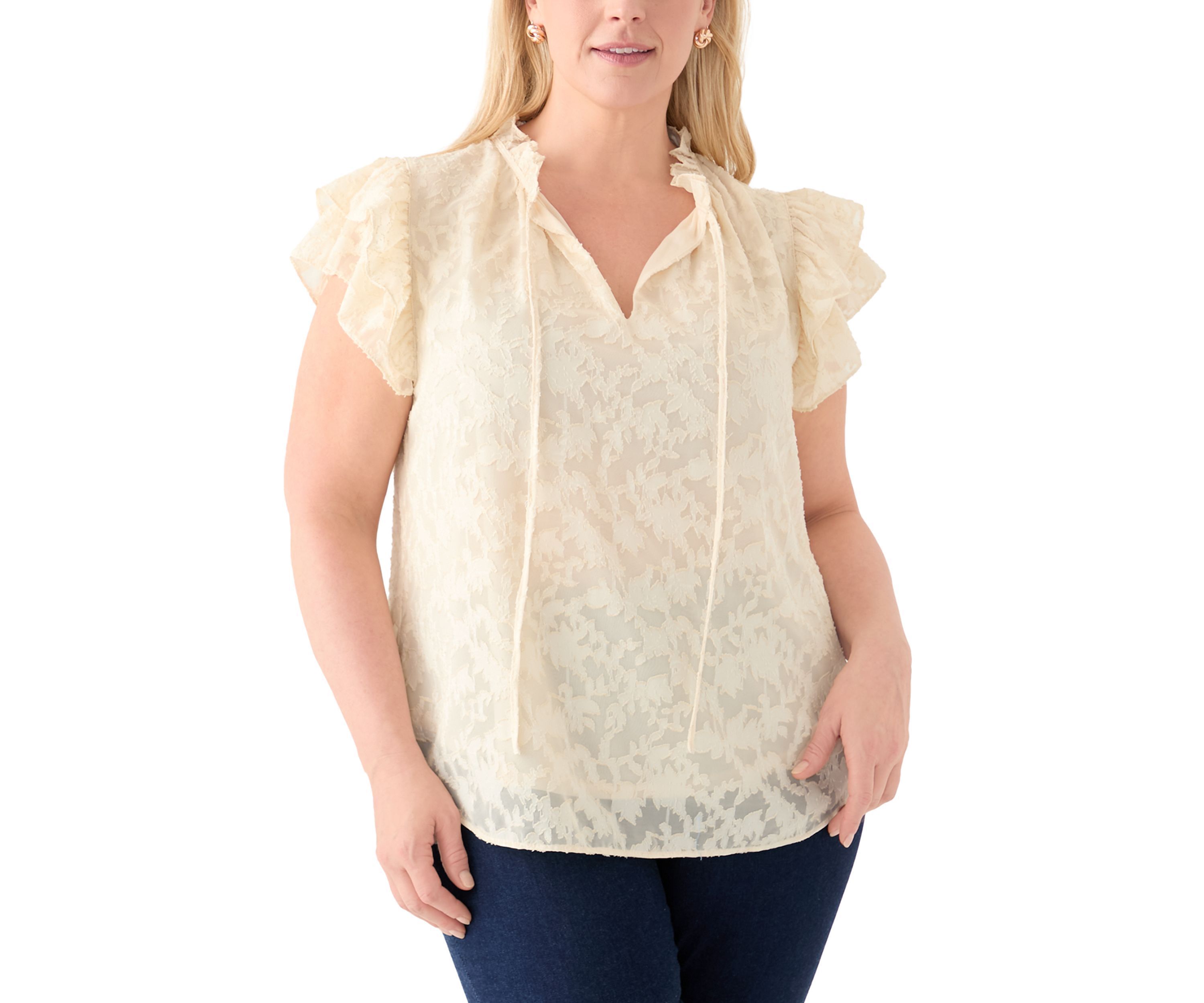 Plus Size Double Ruffle Sleeve Tie Front Blouse