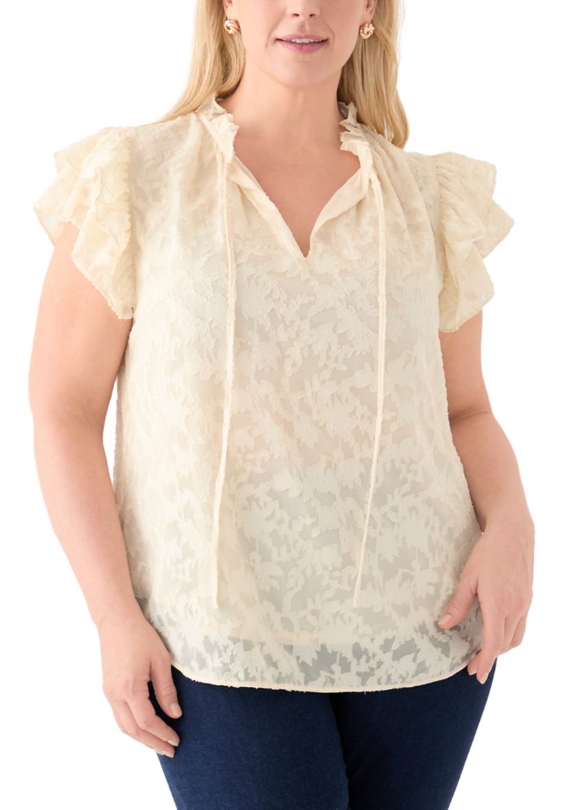 Plus Size Double Ruffle Sleeve Tie Front Blouse